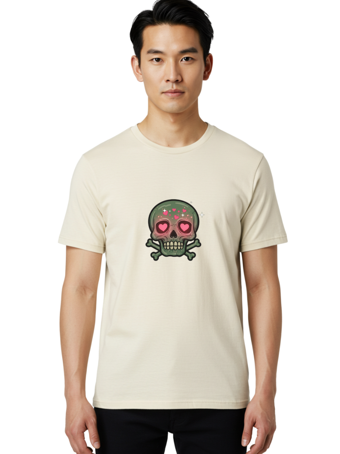 Heart-Eyes-Skull Men'S Graphic Tee, 100% Cotton, Comfortable Casual Summer Wear, Machine Washable, Cartoon Skull, Heart Eyes, Crossbones, Pink Hearts, Sparkles, Cute Skeleton, Quirky Design, Kawaii Art, Goth Charm, Edgy Aesthetic Bad194