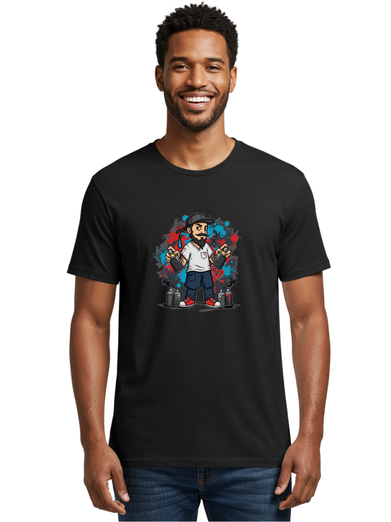 Hip-Hop-Bearded-Man Men'S Graphic Tee, 100% Cotton, Comfortable Casual Summer Wear, Machine Washable, Street Art, Graffiti Artist, Urban Culture, Spray Paint, Vibrant Colors, Bold Expression, Artistic Creativity, Tattooed Arms, Casual Wear Bad195