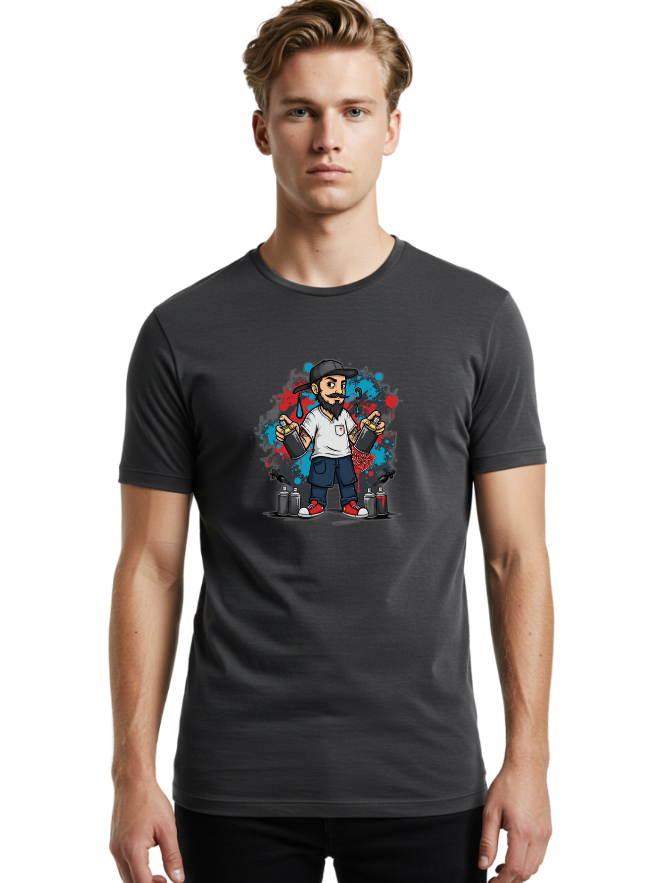 Hip-Hop-Bearded-Man Men'S Graphic Tee, 100% Cotton, Comfortable Casual Summer Wear, Machine Washable, Street Art, Graffiti Artist, Urban Culture, Spray Paint, Vibrant Colors, Bold Expression, Artistic Creativity, Tattooed Arms, Casual Wear Bad195