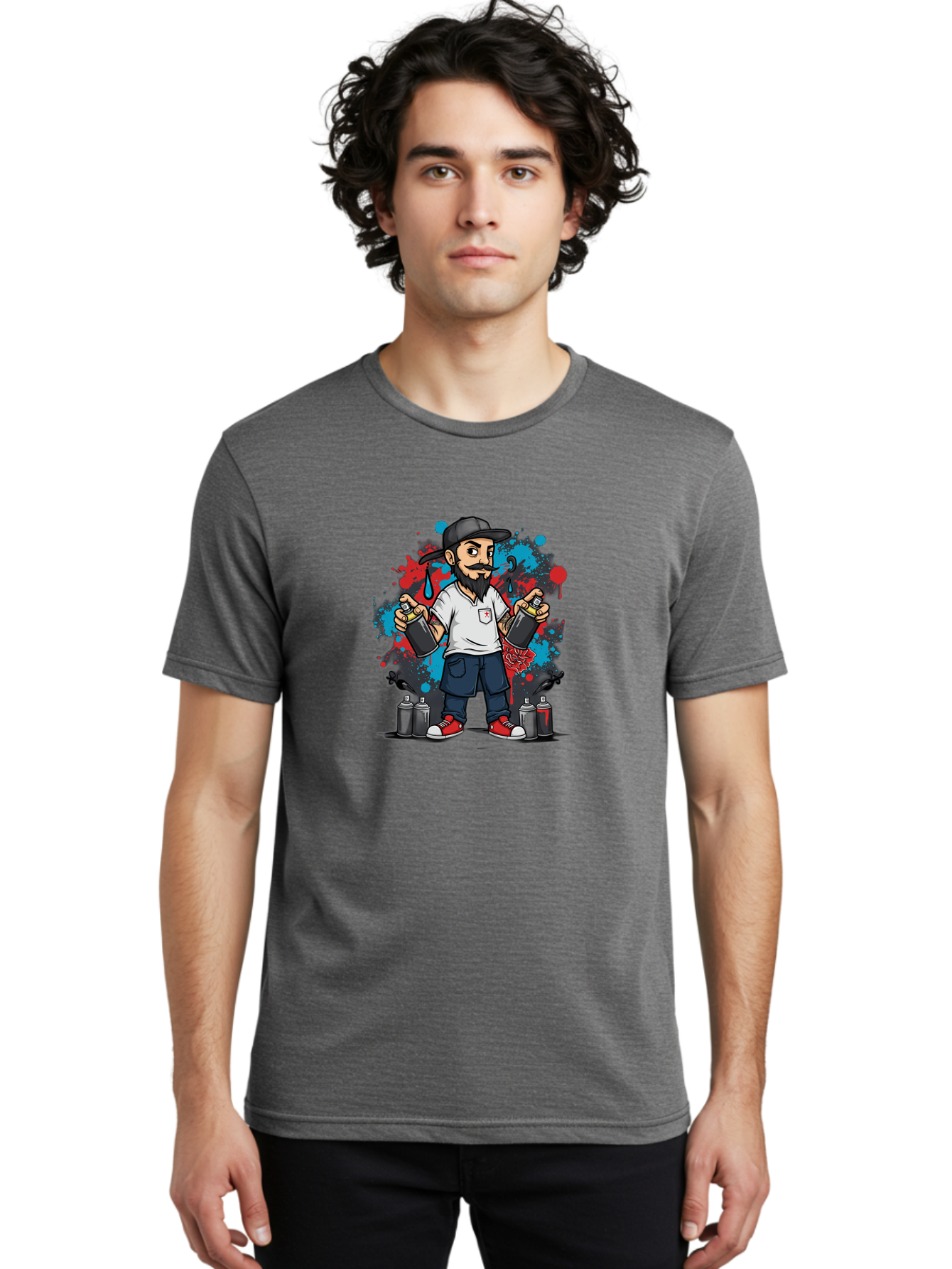 Hip-Hop-Bearded-Man Men'S Graphic Tee, 100% Cotton, Comfortable Casual Summer Wear, Machine Washable, Street Art, Graffiti Artist, Urban Culture, Spray Paint, Vibrant Colors, Bold Expression, Artistic Creativity, Tattooed Arms, Casual Wear Bad195
