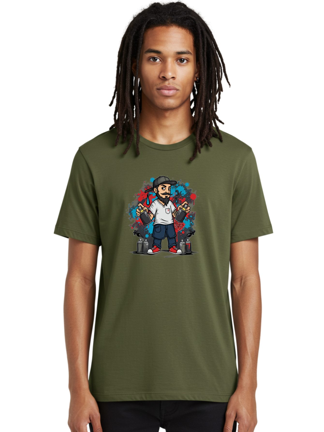 Hip-Hop-Bearded-Man Men'S Graphic Tee, 100% Cotton, Comfortable Casual Summer Wear, Machine Washable, Street Art, Graffiti Artist, Urban Culture, Spray Paint, Vibrant Colors, Bold Expression, Artistic Creativity, Tattooed Arms, Casual Wear Bad195