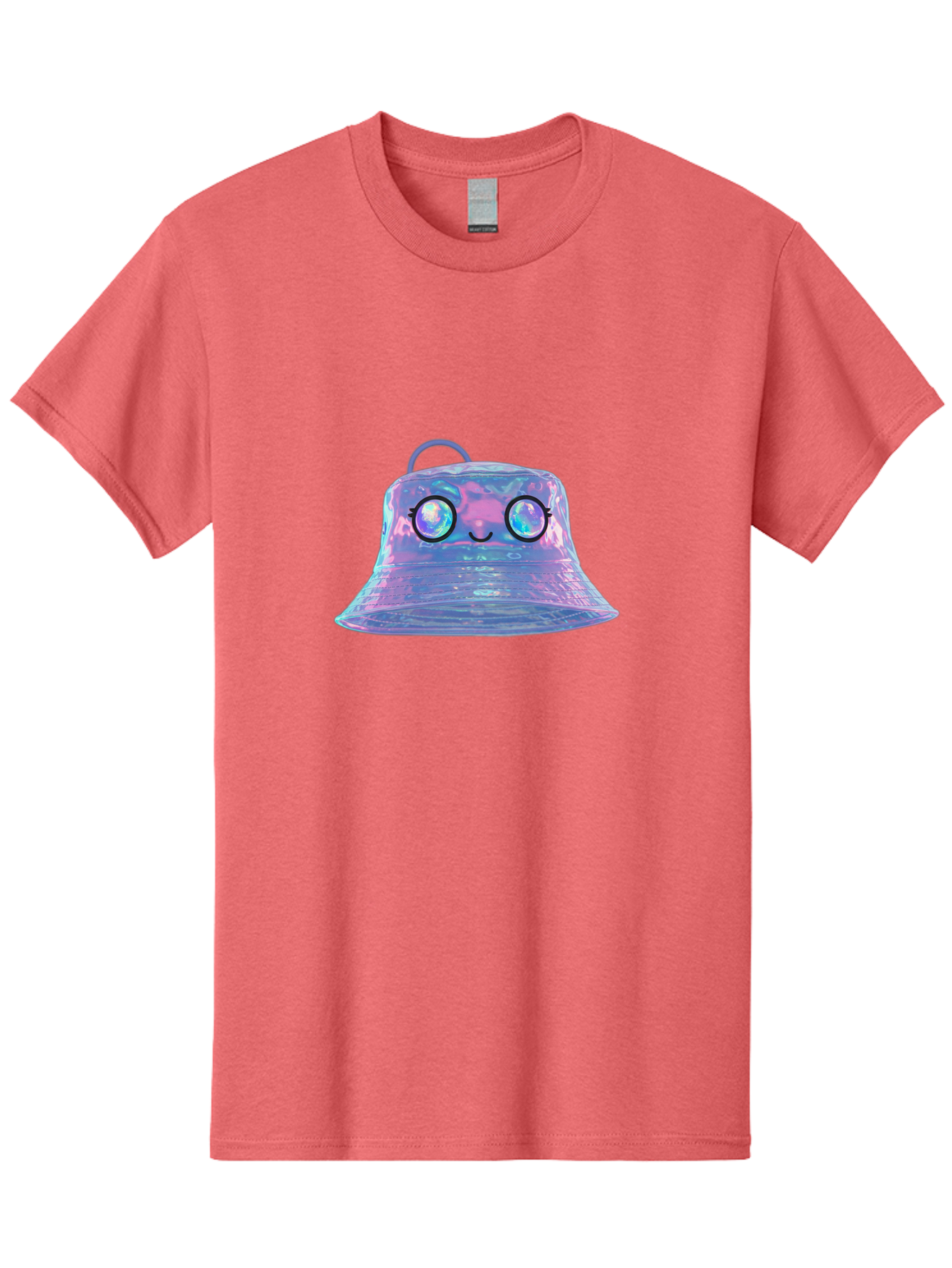 Holographic-Bell Men'S Graphic Tee, 100% Cotton, Comfortable Casual Summer Wear, Machine Washable, Iridescent Bell, Holographic Sheen, Kawaii Character, Cartoon-Style Eyes, Happy Face, Shiny Appearance, Purple And Blue Hues, Bad198