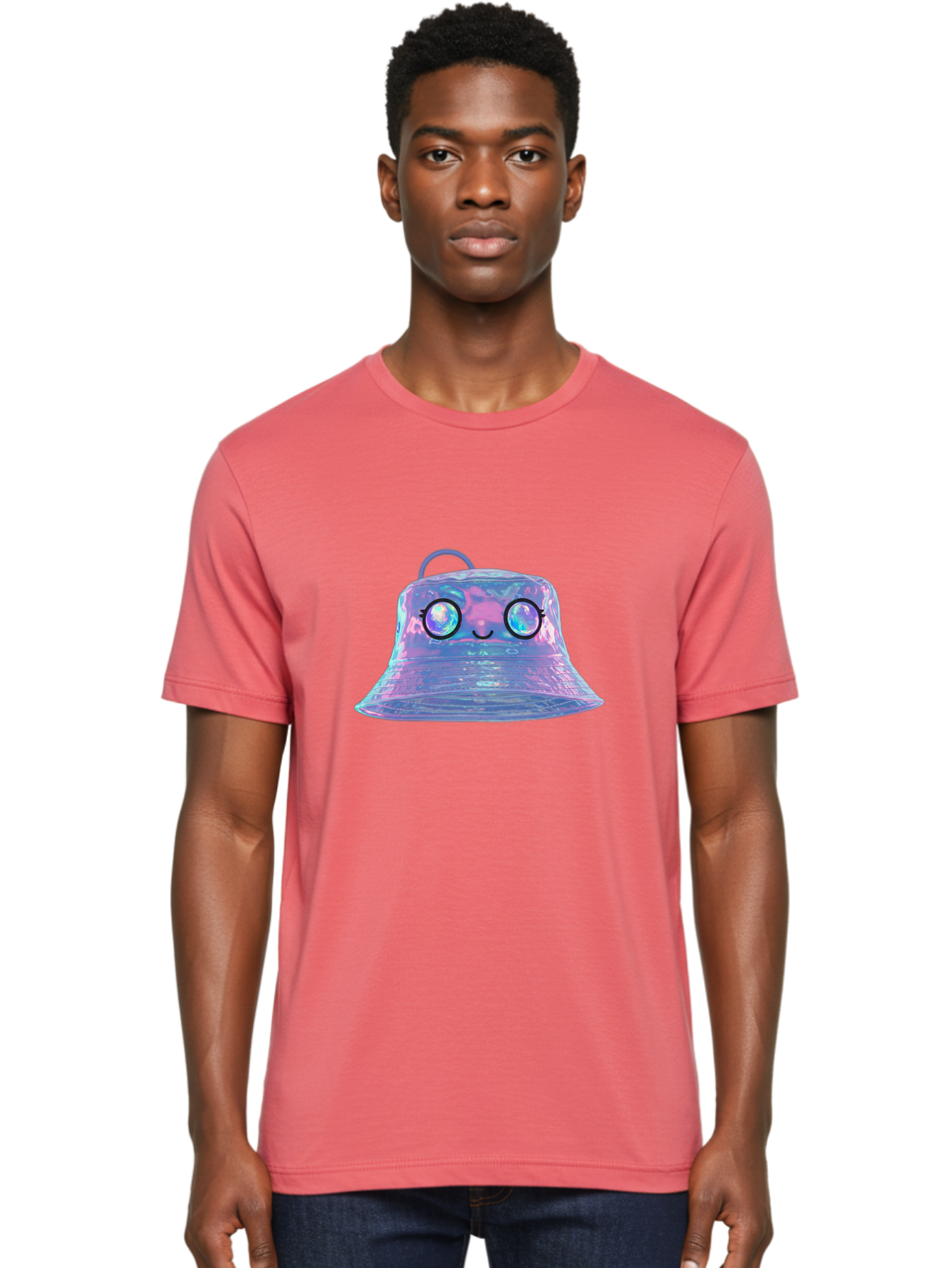 Holographic-Bell Men'S Graphic Tee, 100% Cotton, Comfortable Casual Summer Wear, Machine Washable, Iridescent Bell, Holographic Sheen, Kawaii Character, Cartoon-Style Eyes, Happy Face, Shiny Appearance, Purple And Blue Hues, Bad198