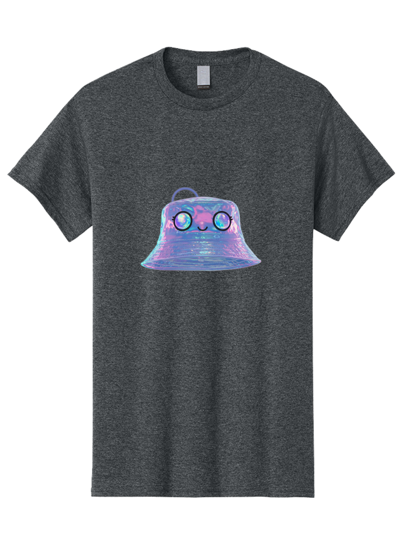 Holographic-Bell Men'S Graphic Tee, 100% Cotton, Comfortable Casual Summer Wear, Machine Washable, Iridescent Bell, Holographic Sheen, Kawaii Character, Cartoon-Style Eyes, Happy Face, Shiny Appearance, Purple And Blue Hues, Bad198