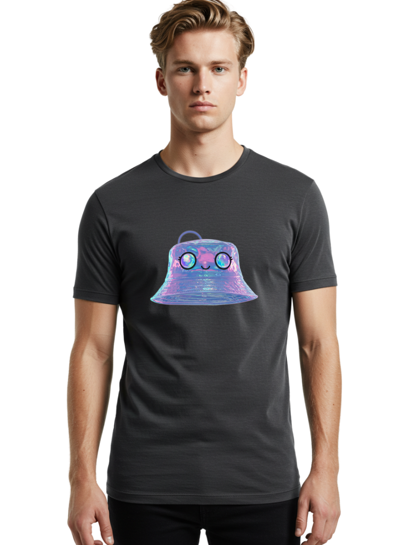 Holographic-Bell Men'S Graphic Tee, 100% Cotton, Comfortable Casual Summer Wear, Machine Washable, Iridescent Bell, Holographic Sheen, Kawaii Character, Cartoon-Style Eyes, Happy Face, Shiny Appearance, Purple And Blue Hues, Bad198