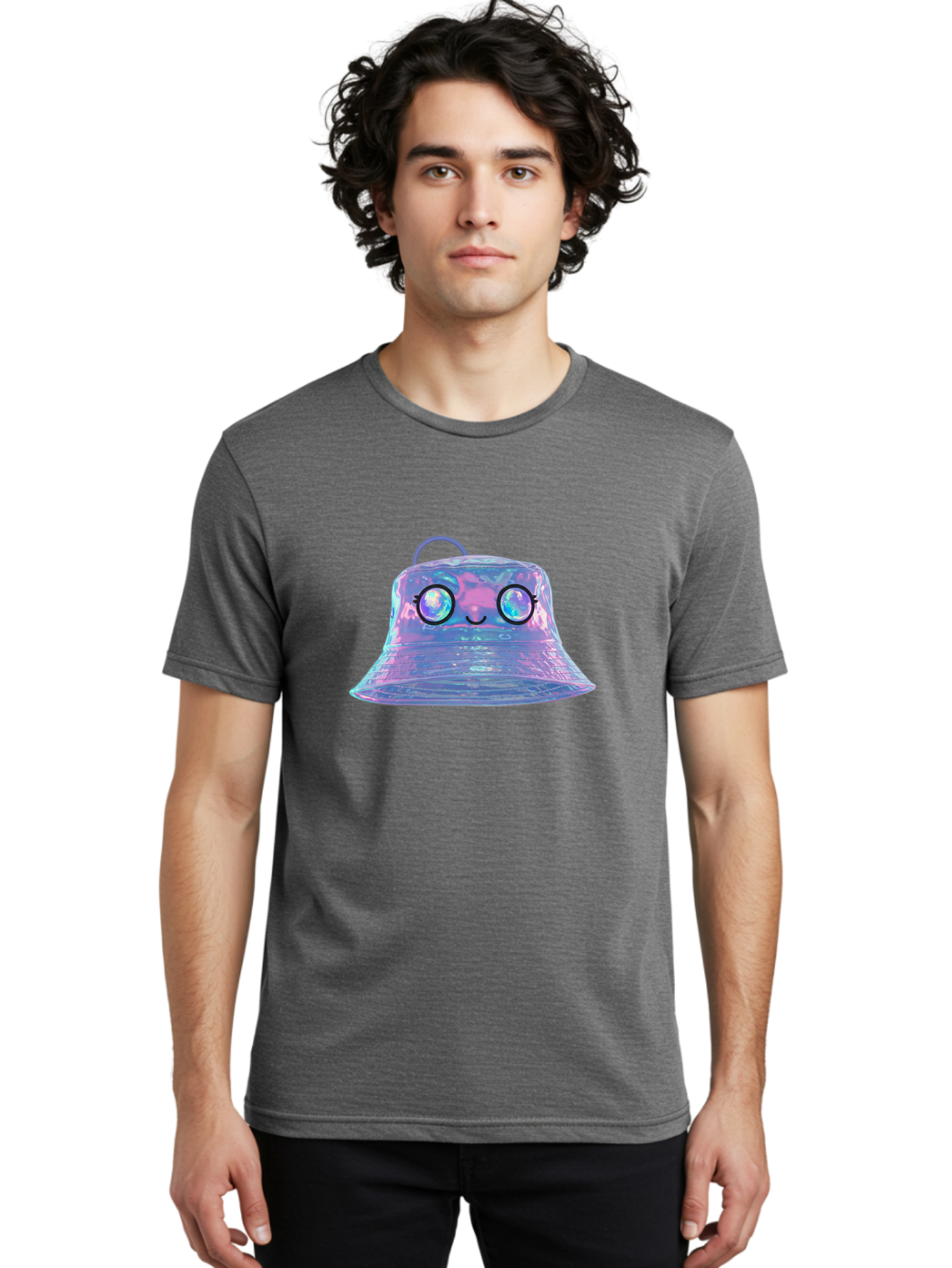 Holographic-Bell Men'S Graphic Tee, 100% Cotton, Comfortable Casual Summer Wear, Machine Washable, Iridescent Bell, Holographic Sheen, Kawaii Character, Cartoon-Style Eyes, Happy Face, Shiny Appearance, Purple And Blue Hues, Bad198