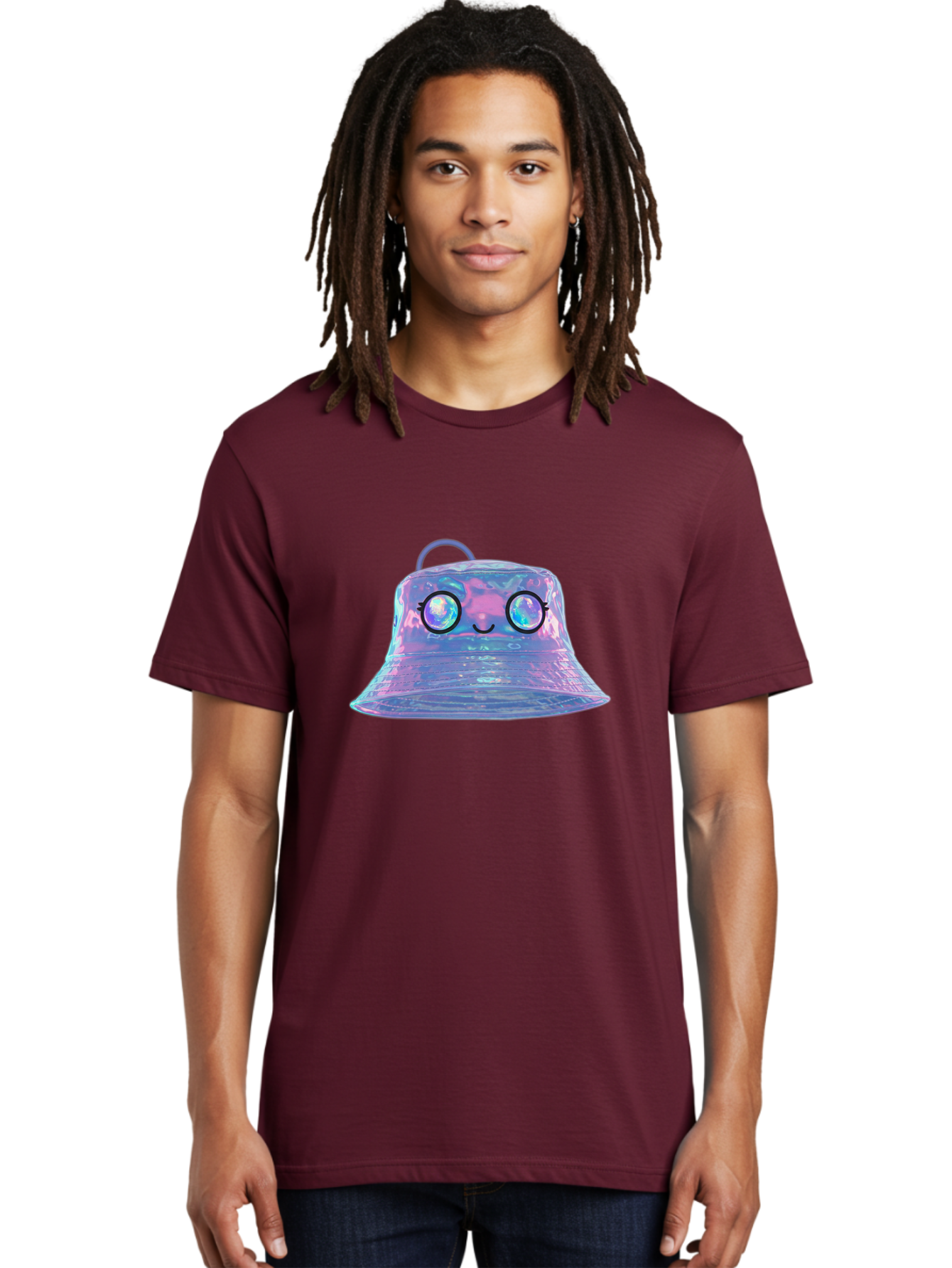 Holographic-Bell Men'S Graphic Tee, 100% Cotton, Comfortable Casual Summer Wear, Machine Washable, Iridescent Bell, Holographic Sheen, Kawaii Character, Cartoon-Style Eyes, Happy Face, Shiny Appearance, Purple And Blue Hues, Bad198