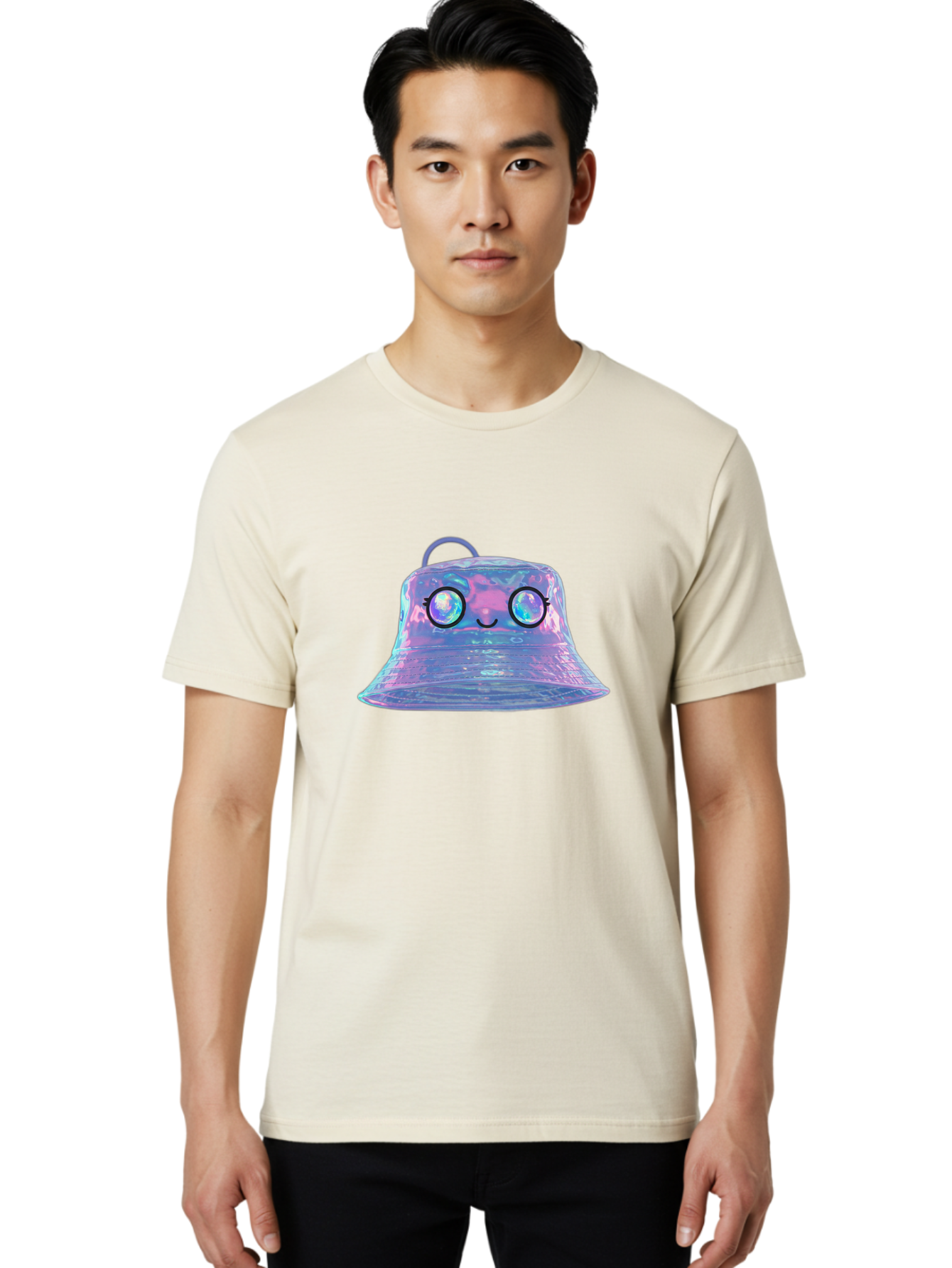 Holographic-Bell Men'S Graphic Tee, 100% Cotton, Comfortable Casual Summer Wear, Machine Washable, Iridescent Bell, Holographic Sheen, Kawaii Character, Cartoon-Style Eyes, Happy Face, Shiny Appearance, Purple And Blue Hues, Bad198