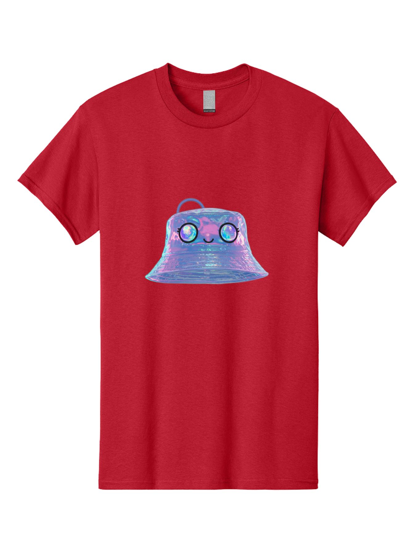 Holographic-Bell Men'S Graphic Tee, 100% Cotton, Comfortable Casual Summer Wear, Machine Washable, Iridescent Bell, Holographic Sheen, Kawaii Character, Cartoon-Style Eyes, Happy Face, Shiny Appearance, Purple And Blue Hues, Bad198