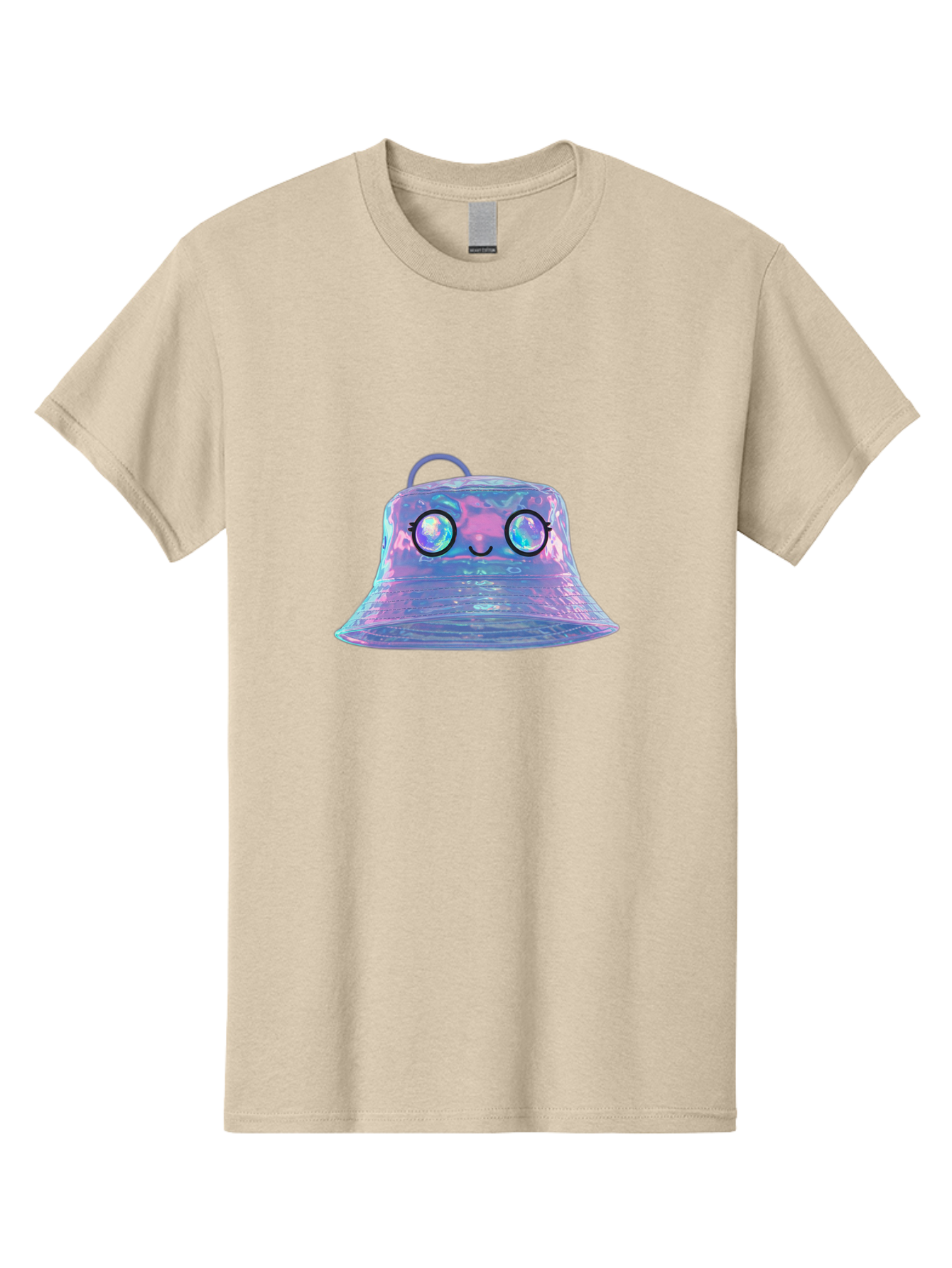 Holographic-Bell Men'S Graphic Tee, 100% Cotton, Comfortable Casual Summer Wear, Machine Washable, Iridescent Bell, Holographic Sheen, Kawaii Character, Cartoon-Style Eyes, Happy Face, Shiny Appearance, Purple And Blue Hues, Bad198