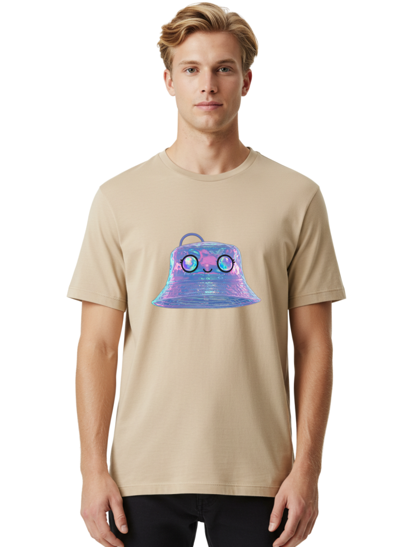 Holographic-Bell Men'S Graphic Tee, 100% Cotton, Comfortable Casual Summer Wear, Machine Washable, Iridescent Bell, Holographic Sheen, Kawaii Character, Cartoon-Style Eyes, Happy Face, Shiny Appearance, Purple And Blue Hues, Bad198