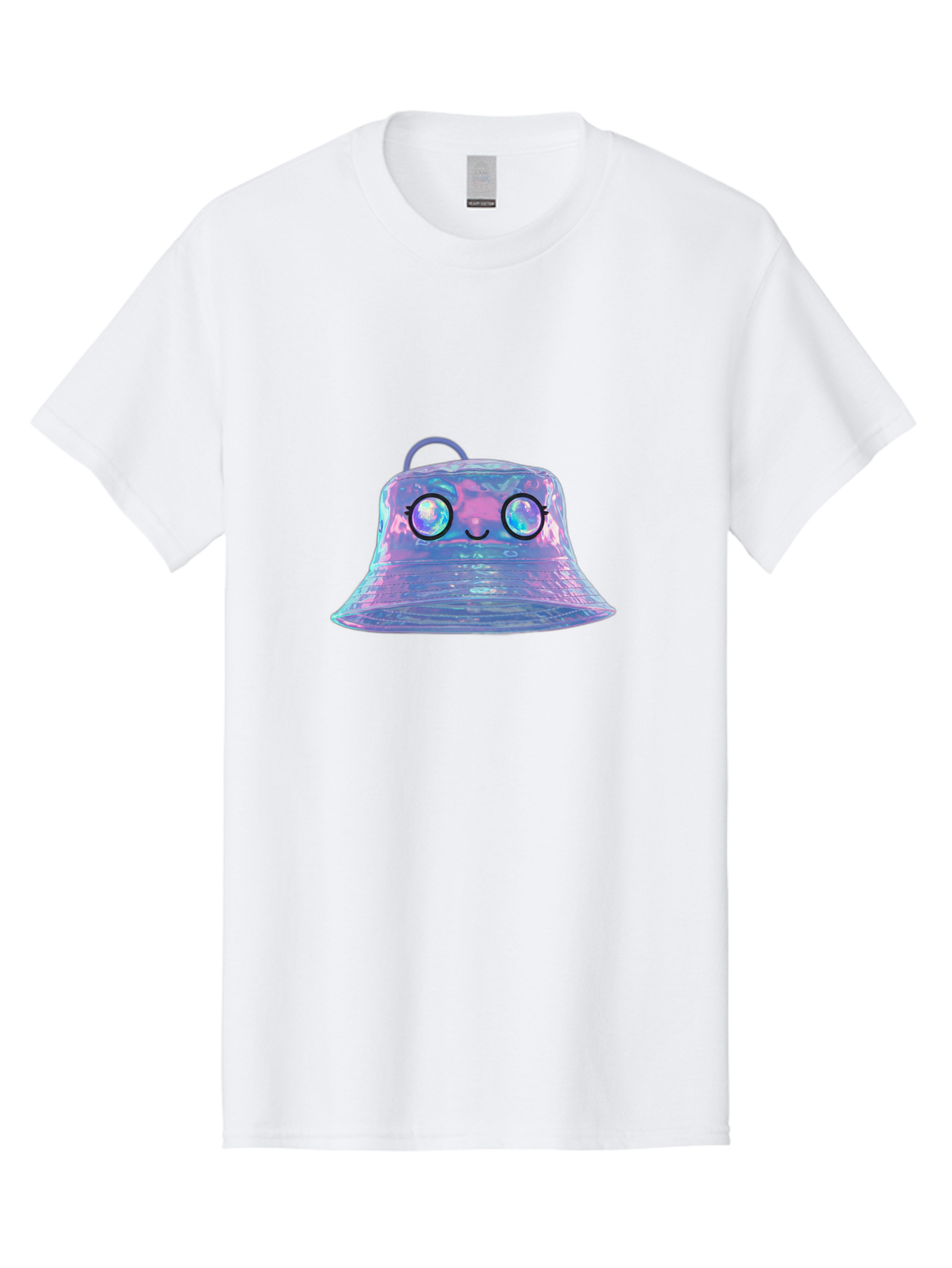 Holographic-Bell Men'S Graphic Tee, 100% Cotton, Comfortable Casual Summer Wear, Machine Washable, Iridescent Bell, Holographic Sheen, Kawaii Character, Cartoon-Style Eyes, Happy Face, Shiny Appearance, Purple And Blue Hues, Bad198