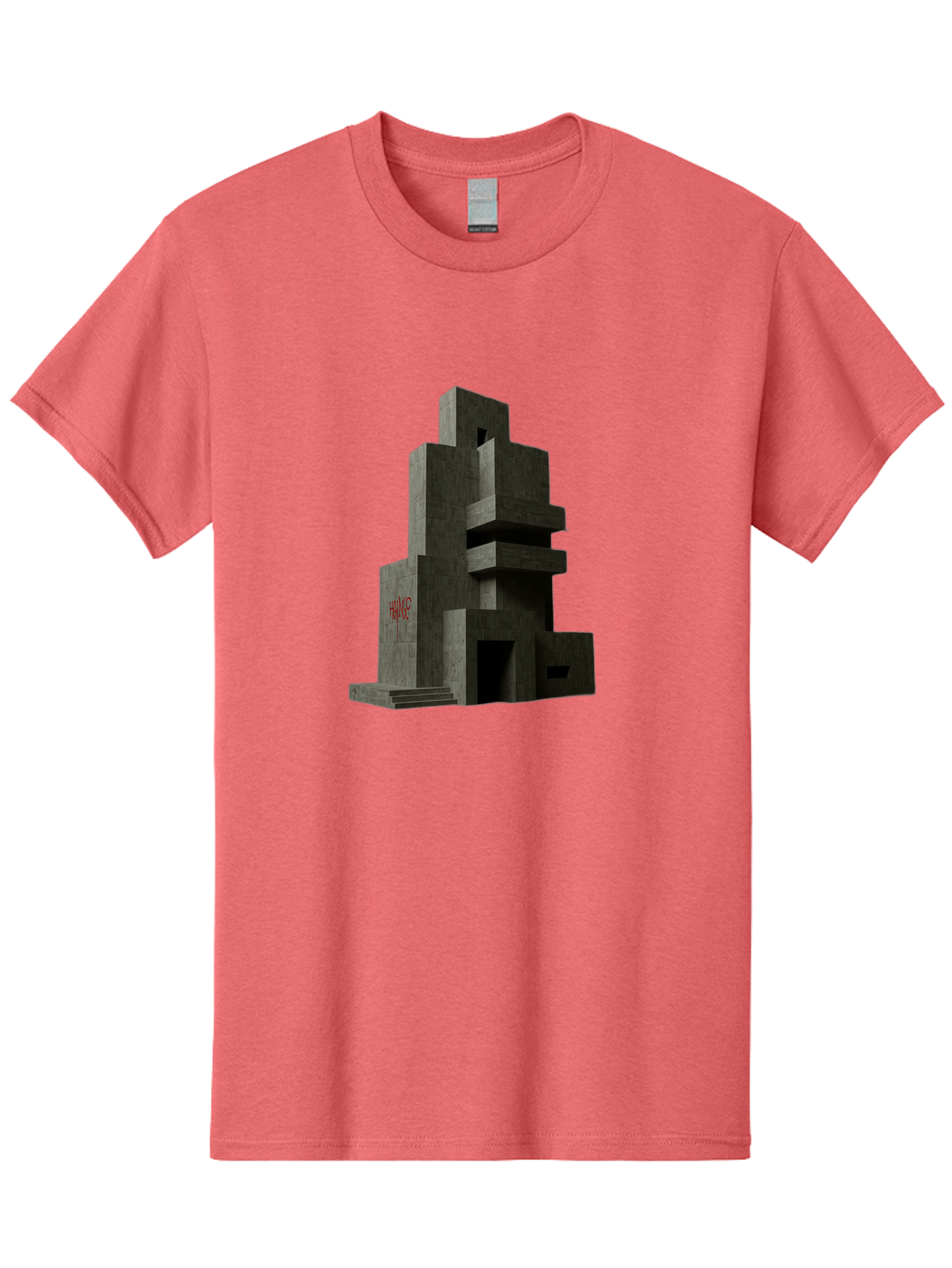 House Men'S Graphic Tee, 100% Cotton, Comfortable Casual Summer Wear, Machine Washable, Futuristic Architecture, Dark Gray Building, Abstract Design, Modern Style, Geometric Shapes, Red Signage, Avant-Garde, Sleek Lines, Concrete Texture Bad202