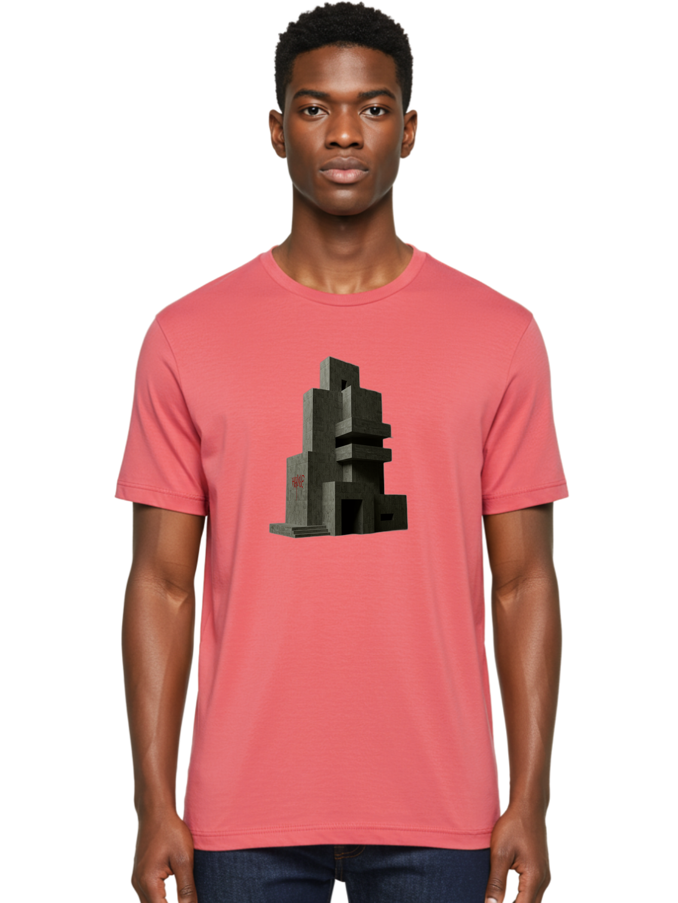 House Men'S Graphic Tee, 100% Cotton, Comfortable Casual Summer Wear, Machine Washable, Futuristic Architecture, Dark Gray Building, Abstract Design, Modern Style, Geometric Shapes, Red Signage, Avant-Garde, Sleek Lines, Concrete Texture Bad202