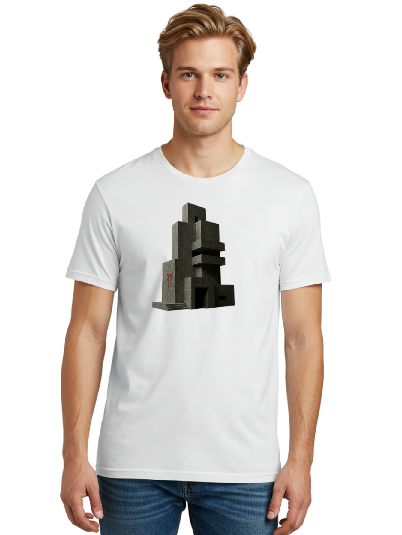 House Men'S Graphic Tee, 100% Cotton, Comfortable Casual Summer Wear, Machine Washable, Futuristic Architecture, Dark Gray Building, Abstract Design, Modern Style, Geometric Shapes, Red Signage, Avant-Garde, Sleek Lines, Concrete Texture Bad202