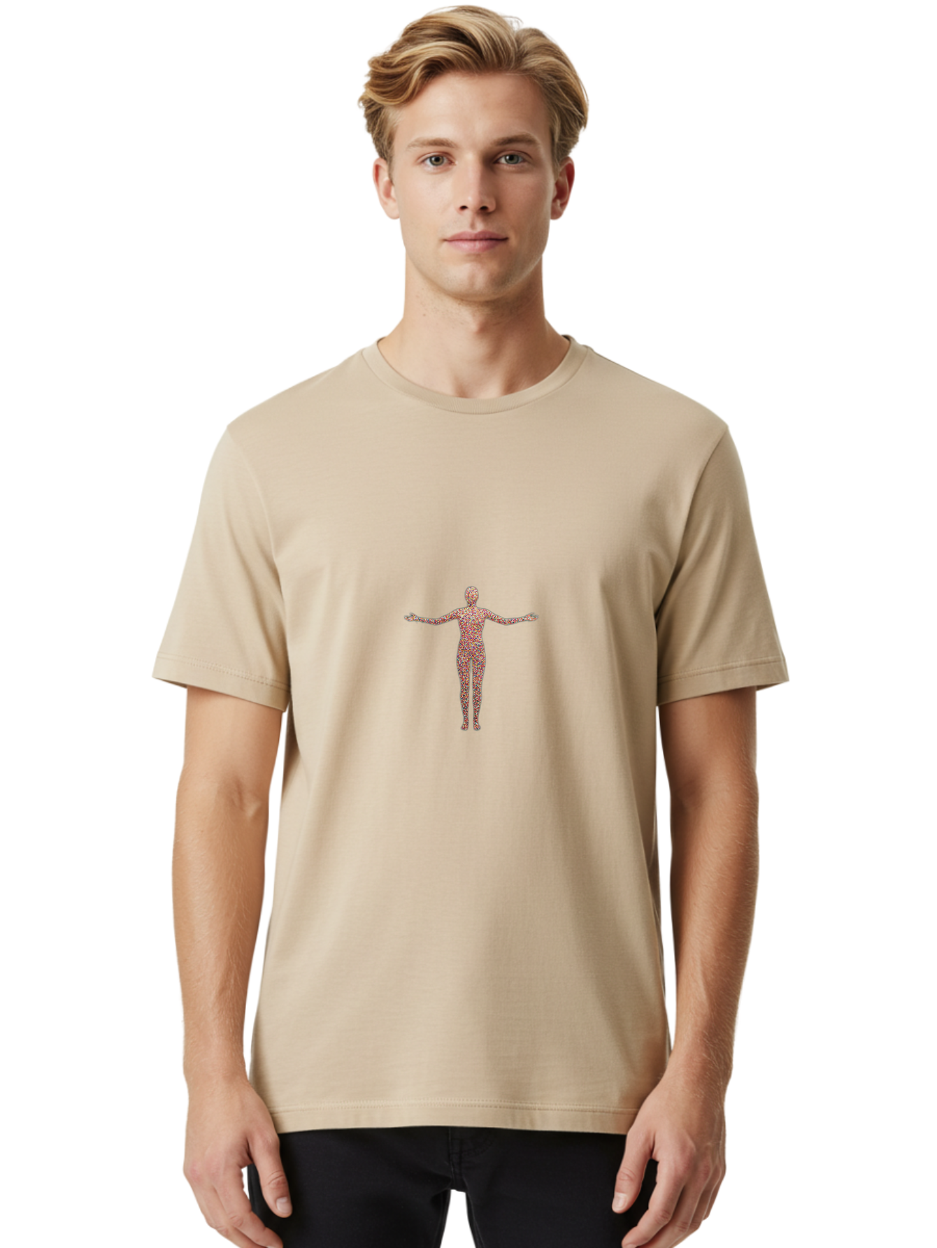 Human-Silhouette Men'S Graphic Tee, 100% Cotton, Comfortable Casual Summer Wear, Machine Washable, Human Silhouette, Abstract Figure, Red Floral Pattern, Arms Outstretched, Creative Design, Artistic Expression, Unique Texture, Modern Art Bad203
