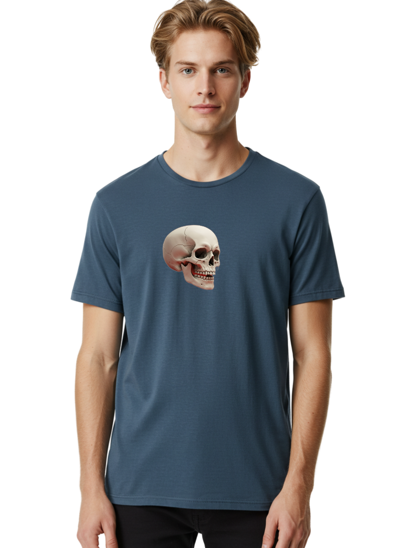 Human-Skull Men'S Graphic Tee, 100% Cotton, Comfortable Casual Summer Wear, Machine Washable, Human Skull, Skeletal Head, Anatomy, Bone Structure, Dental Anatomy, Forensic Science, Medical Education, Death Symbol, Gothic Art Bad205