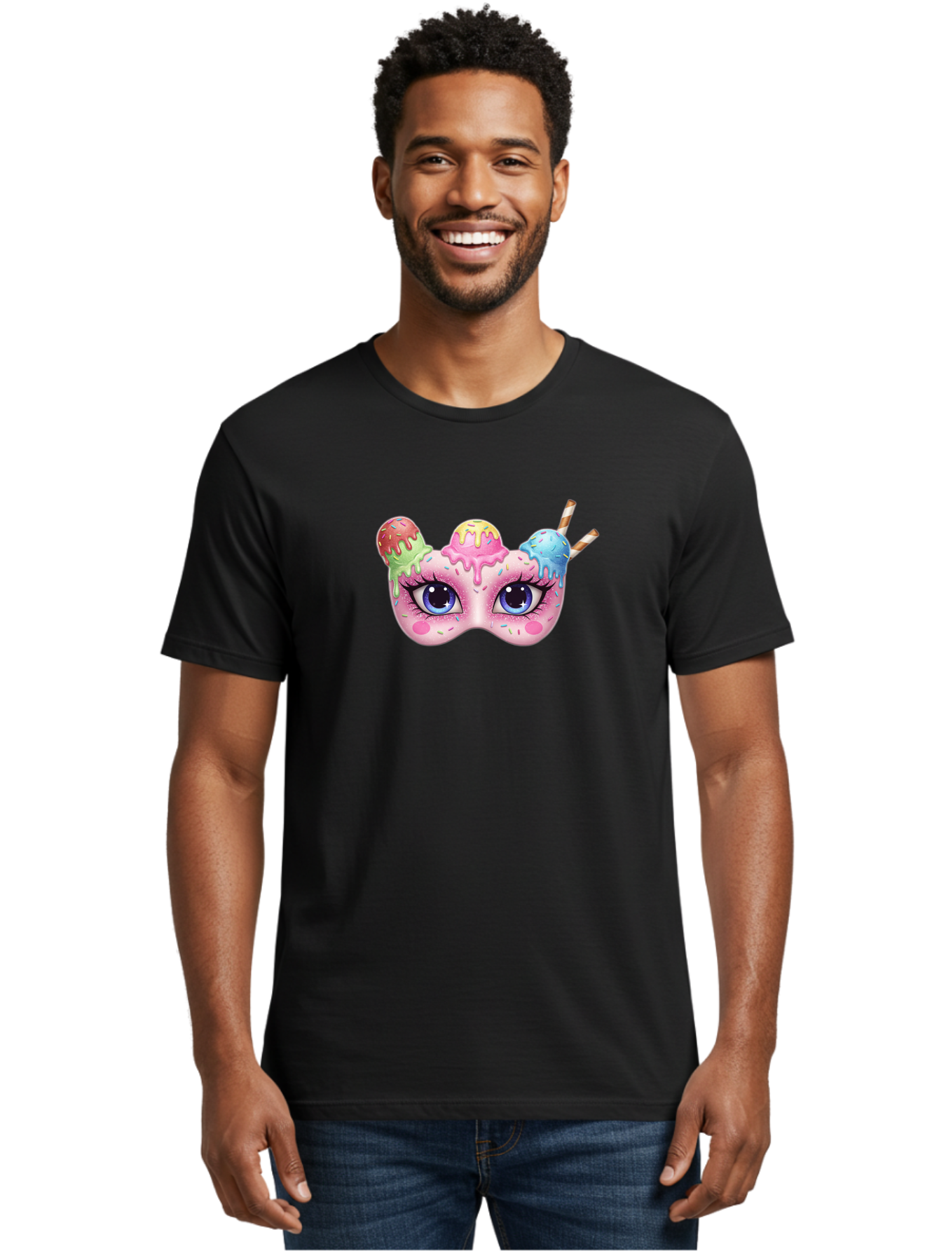 Ice-Cream-Mask Men'S Graphic Tee, 100% Cotton, Comfortable Casual Summer Wear, Machine Washable, Ice Cream Mask, Masquerade Ball, Pastel Colors, Blue Eyes, Candy Decorations, Sprinkles, Dripping Glaze, Whimsical Design, Cartoon Style, Bad206