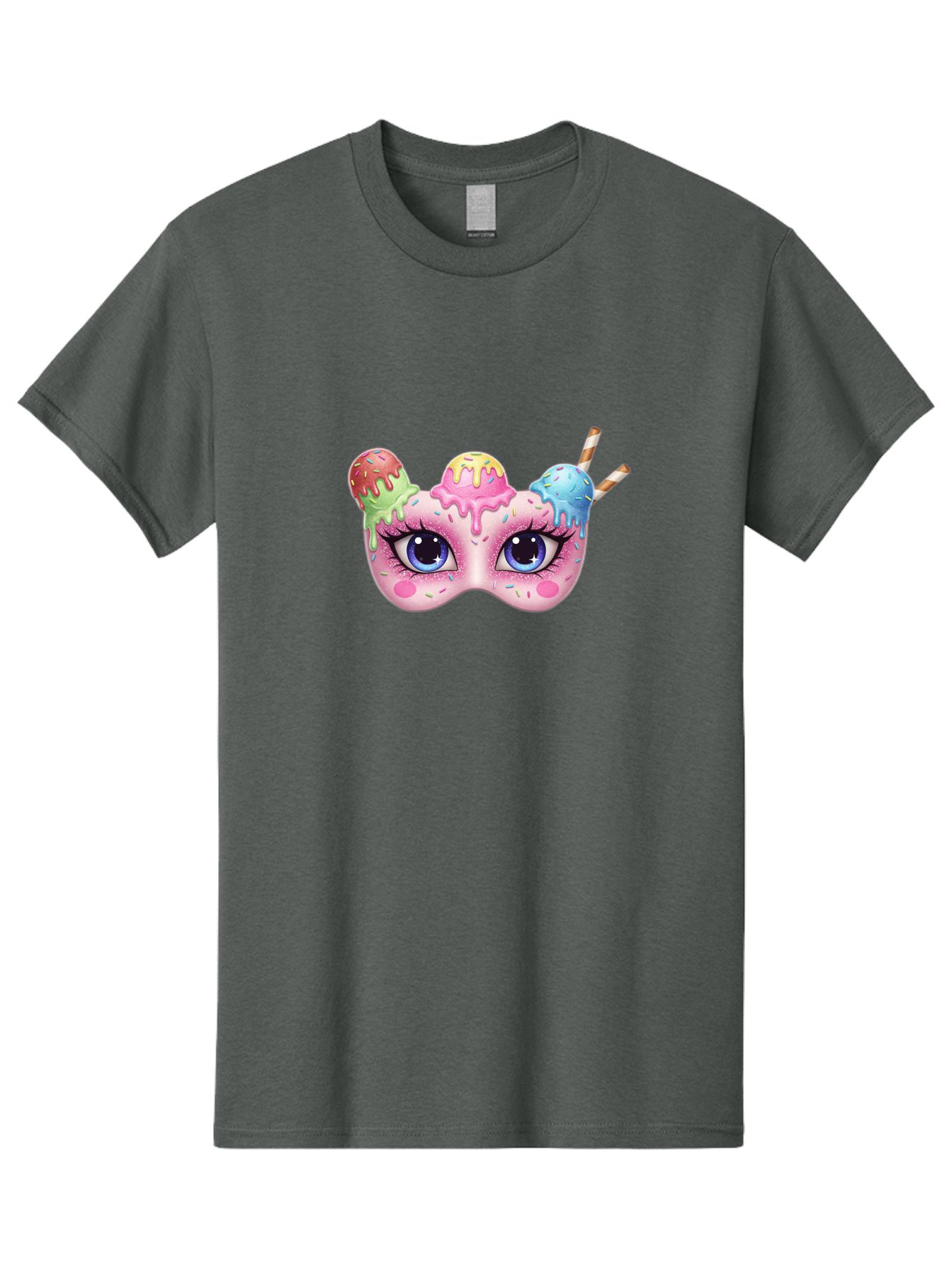 Ice-Cream-Mask Men'S Graphic Tee, 100% Cotton, Comfortable Casual Summer Wear, Machine Washable, Ice Cream Mask, Masquerade Ball, Pastel Colors, Blue Eyes, Candy Decorations, Sprinkles, Dripping Glaze, Whimsical Design, Cartoon Style, Bad206