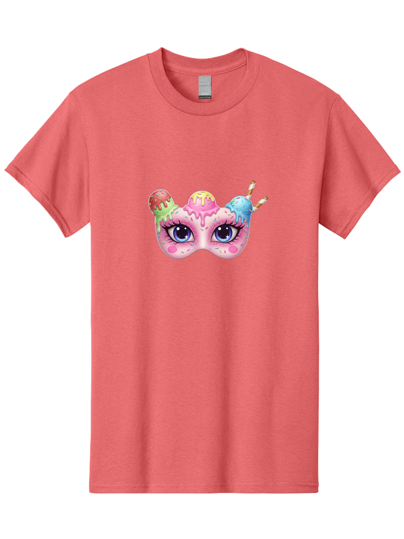 Ice-Cream-Mask Men'S Graphic Tee, 100% Cotton, Comfortable Casual Summer Wear, Machine Washable, Ice Cream Mask, Masquerade Ball, Pastel Colors, Blue Eyes, Candy Decorations, Sprinkles, Dripping Glaze, Whimsical Design, Cartoon Style, Bad206