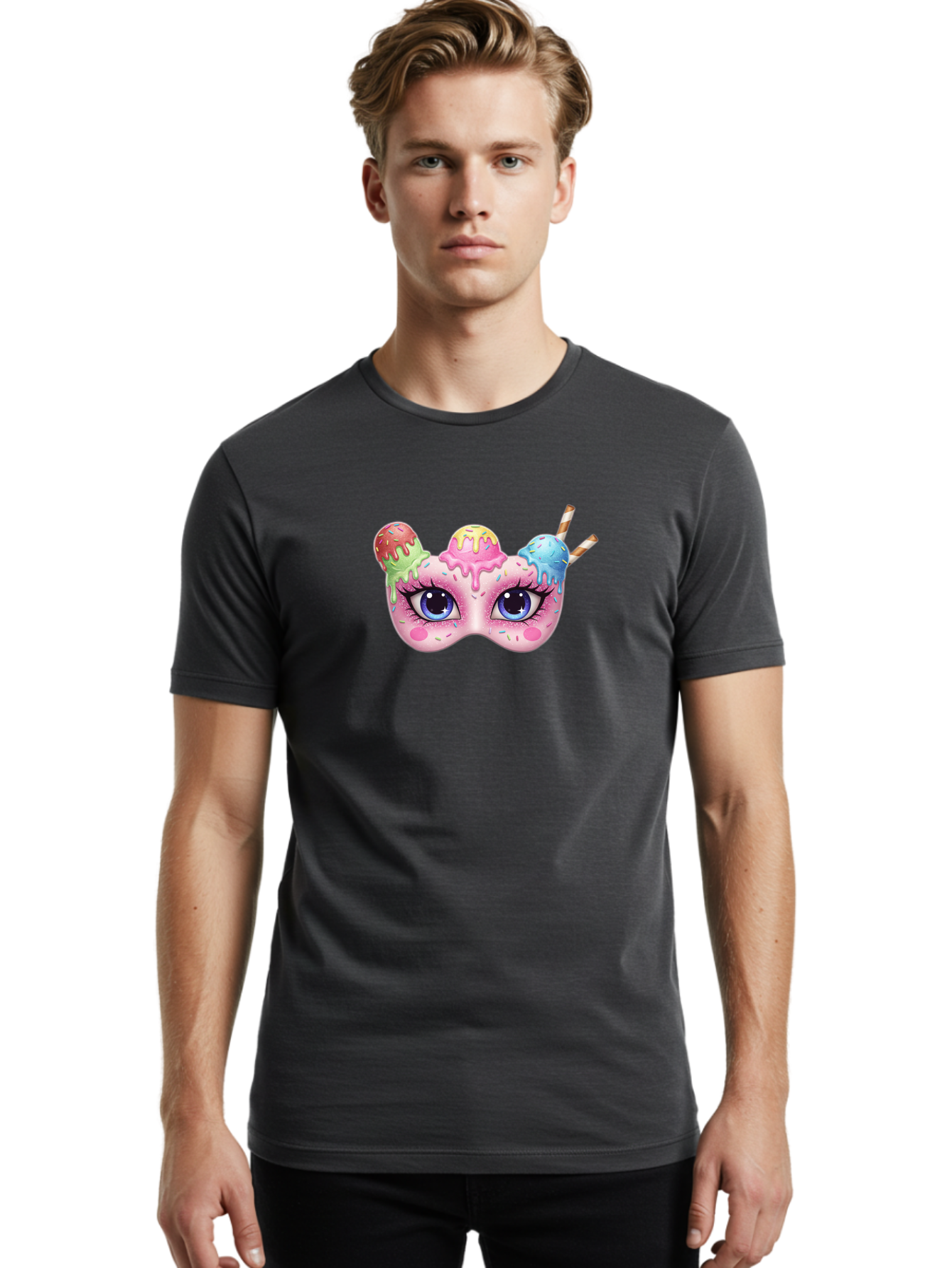 Ice-Cream-Mask Men'S Graphic Tee, 100% Cotton, Comfortable Casual Summer Wear, Machine Washable, Ice Cream Mask, Masquerade Ball, Pastel Colors, Blue Eyes, Candy Decorations, Sprinkles, Dripping Glaze, Whimsical Design, Cartoon Style, Bad206