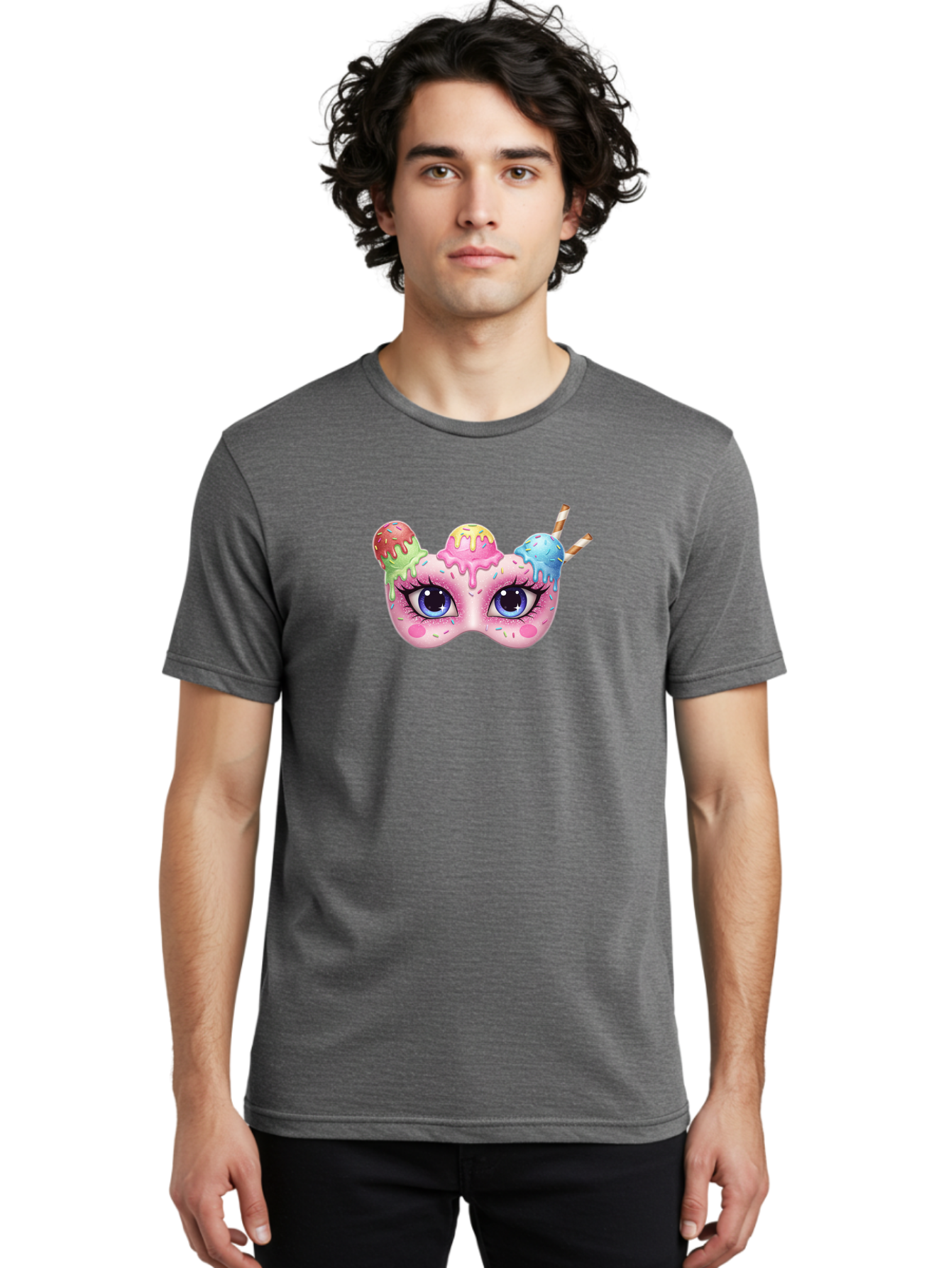 Ice-Cream-Mask Men'S Graphic Tee, 100% Cotton, Comfortable Casual Summer Wear, Machine Washable, Ice Cream Mask, Masquerade Ball, Pastel Colors, Blue Eyes, Candy Decorations, Sprinkles, Dripping Glaze, Whimsical Design, Cartoon Style, Bad206
