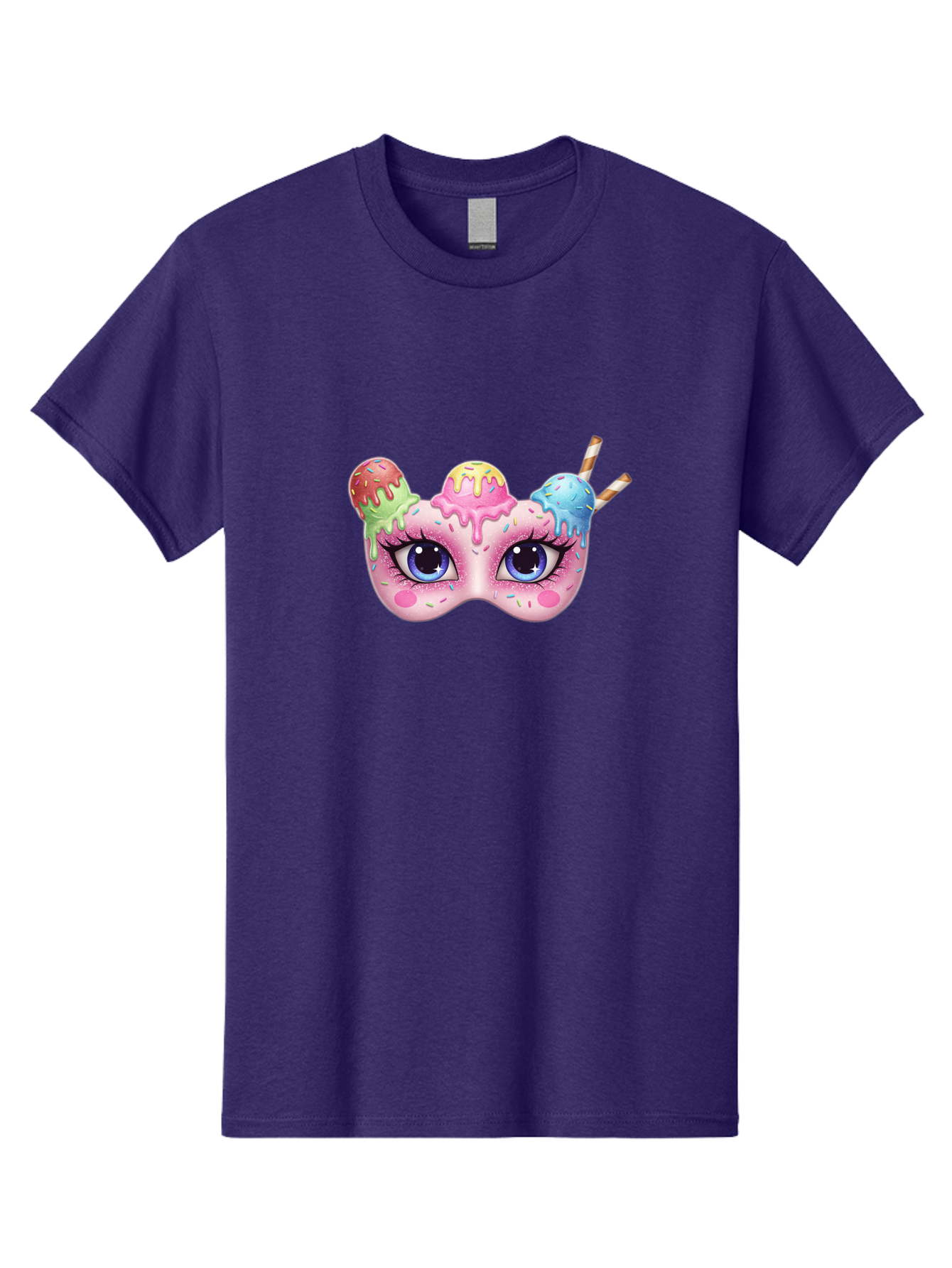 Ice-Cream-Mask Men'S Graphic Tee, 100% Cotton, Comfortable Casual Summer Wear, Machine Washable, Ice Cream Mask, Masquerade Ball, Pastel Colors, Blue Eyes, Candy Decorations, Sprinkles, Dripping Glaze, Whimsical Design, Cartoon Style, Bad206