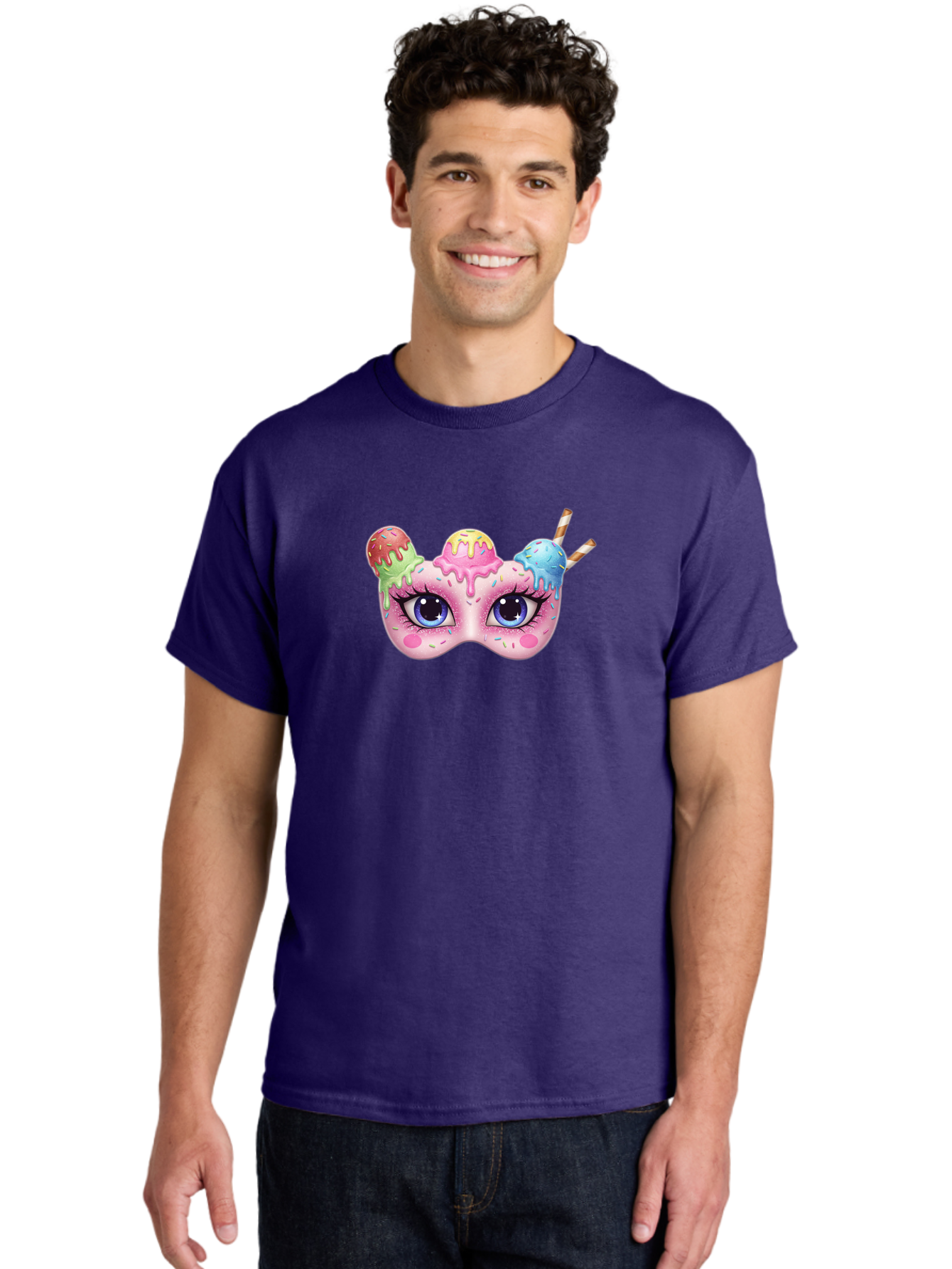Ice-Cream-Mask Men'S Graphic Tee, 100% Cotton, Comfortable Casual Summer Wear, Machine Washable, Ice Cream Mask, Masquerade Ball, Pastel Colors, Blue Eyes, Candy Decorations, Sprinkles, Dripping Glaze, Whimsical Design, Cartoon Style, Bad206