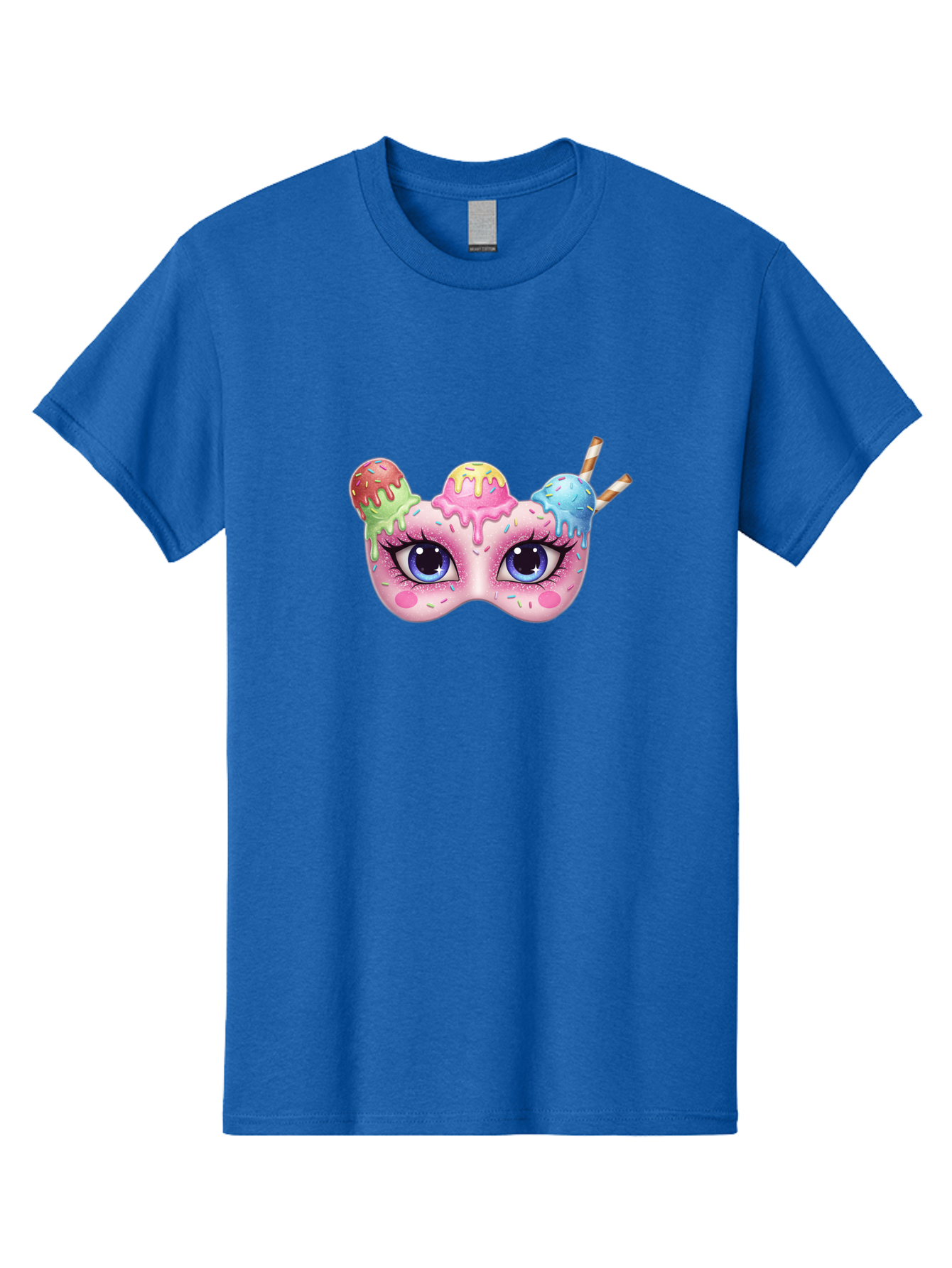 Ice-Cream-Mask Men'S Graphic Tee, 100% Cotton, Comfortable Casual Summer Wear, Machine Washable, Ice Cream Mask, Masquerade Ball, Pastel Colors, Blue Eyes, Candy Decorations, Sprinkles, Dripping Glaze, Whimsical Design, Cartoon Style, Bad206