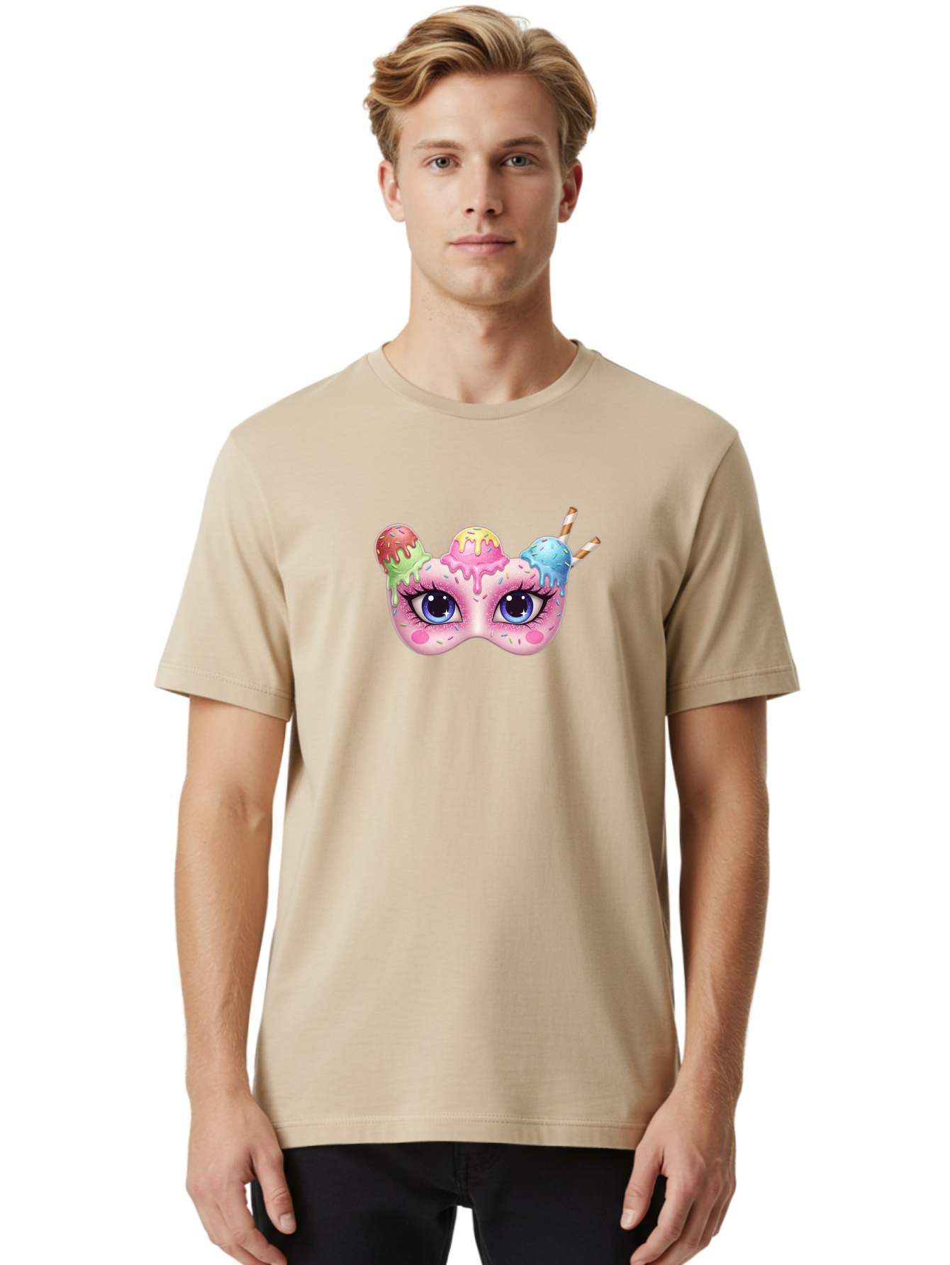 Ice-Cream-Mask Men'S Graphic Tee, 100% Cotton, Comfortable Casual Summer Wear, Machine Washable, Ice Cream Mask, Masquerade Ball, Pastel Colors, Blue Eyes, Candy Decorations, Sprinkles, Dripping Glaze, Whimsical Design, Cartoon Style, Bad206