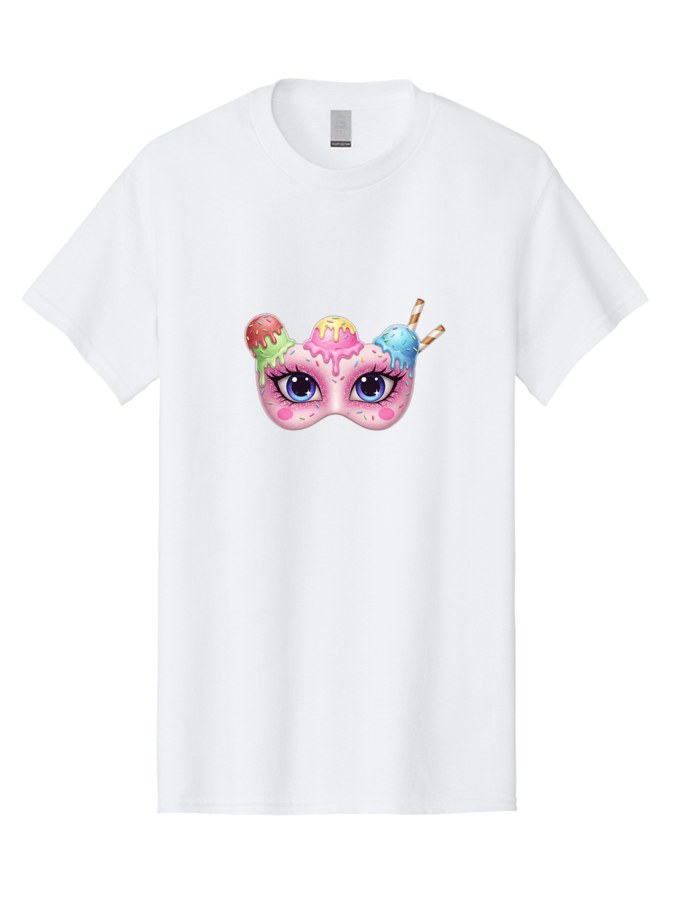 Ice-Cream-Mask Men'S Graphic Tee, 100% Cotton, Comfortable Casual Summer Wear, Machine Washable, Ice Cream Mask, Masquerade Ball, Pastel Colors, Blue Eyes, Candy Decorations, Sprinkles, Dripping Glaze, Whimsical Design, Cartoon Style, Bad206