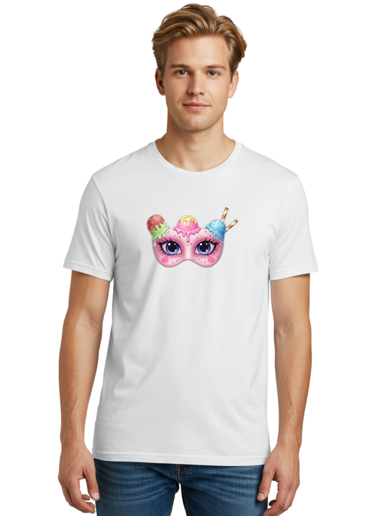 Ice-Cream-Mask Men'S Graphic Tee, 100% Cotton, Comfortable Casual Summer Wear, Machine Washable, Ice Cream Mask, Masquerade Ball, Pastel Colors, Blue Eyes, Candy Decorations, Sprinkles, Dripping Glaze, Whimsical Design, Cartoon Style, Bad206