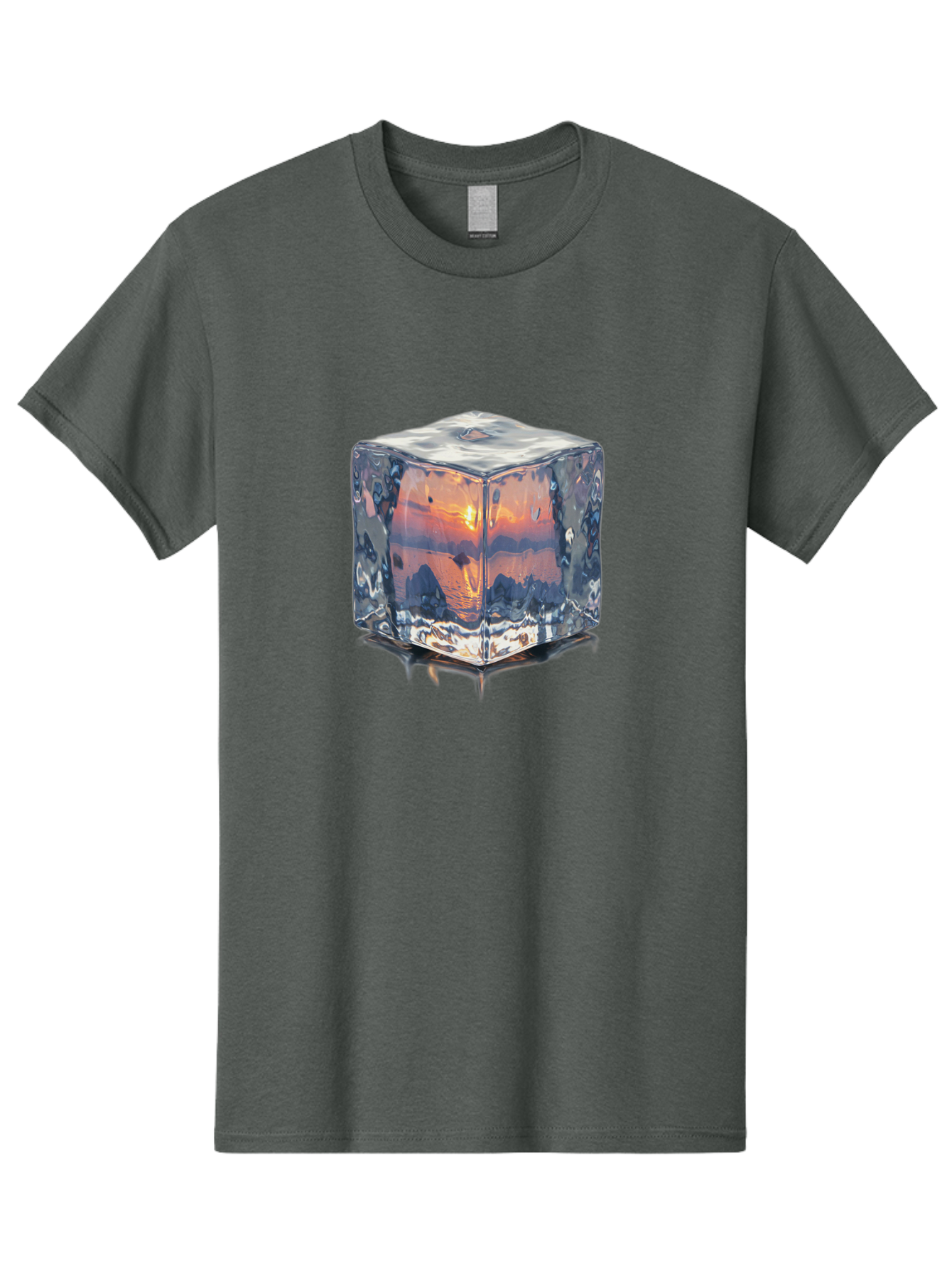 Ice-Cube-Sunset Men'S Graphic Tee, 100% Cotton, Comfortable Casual Summer Wear, Machine Washable, Ice Cube, Sunset Reflection, Ocean View, Rocky Landscape, Vibrant Orange, Cool Glass, Dramatic Scenery, Serene Atmosphere, Frozen Moment Bad207