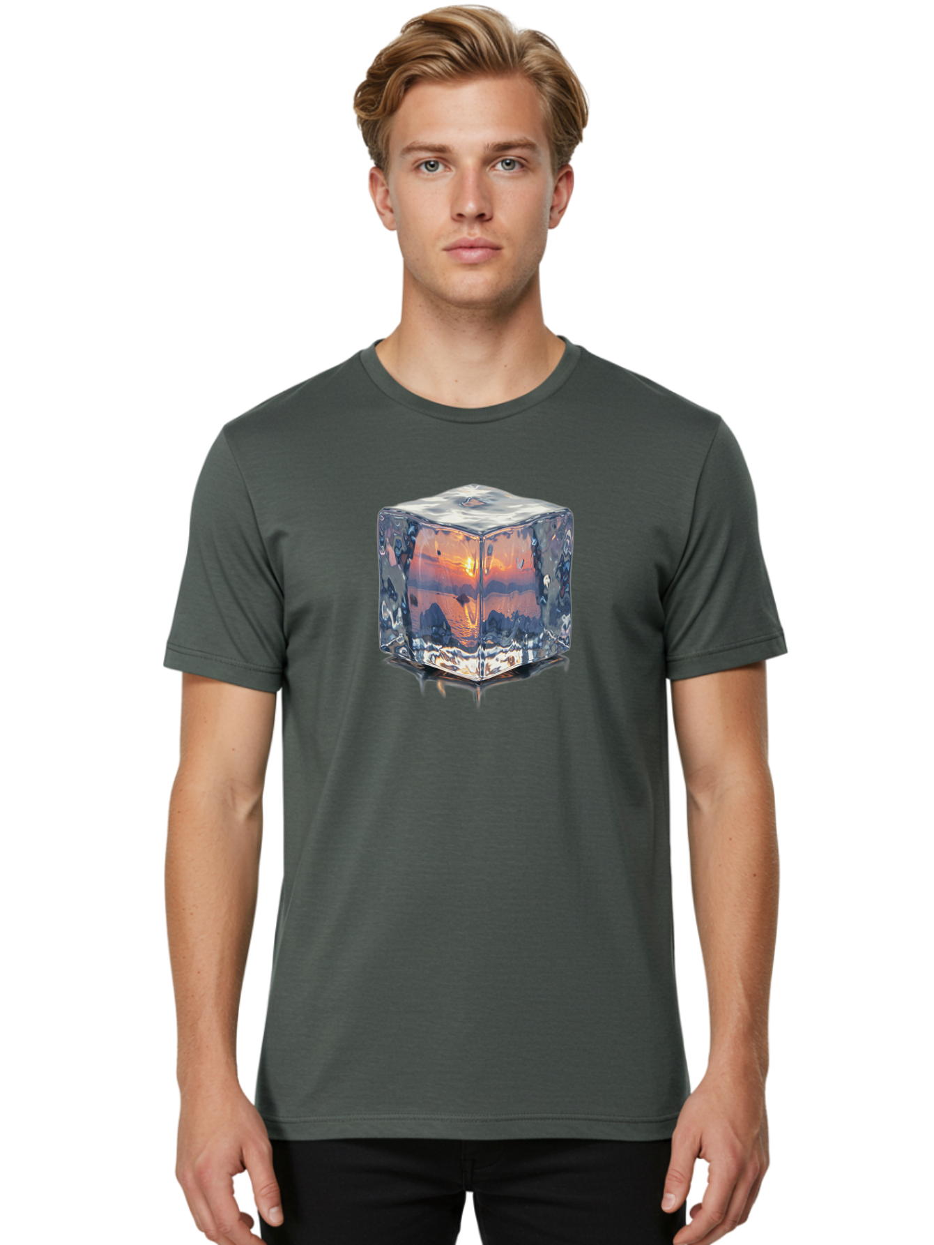 Ice-Cube-Sunset Men'S Graphic Tee, 100% Cotton, Comfortable Casual Summer Wear, Machine Washable, Ice Cube, Sunset Reflection, Ocean View, Rocky Landscape, Vibrant Orange, Cool Glass, Dramatic Scenery, Serene Atmosphere, Frozen Moment Bad207