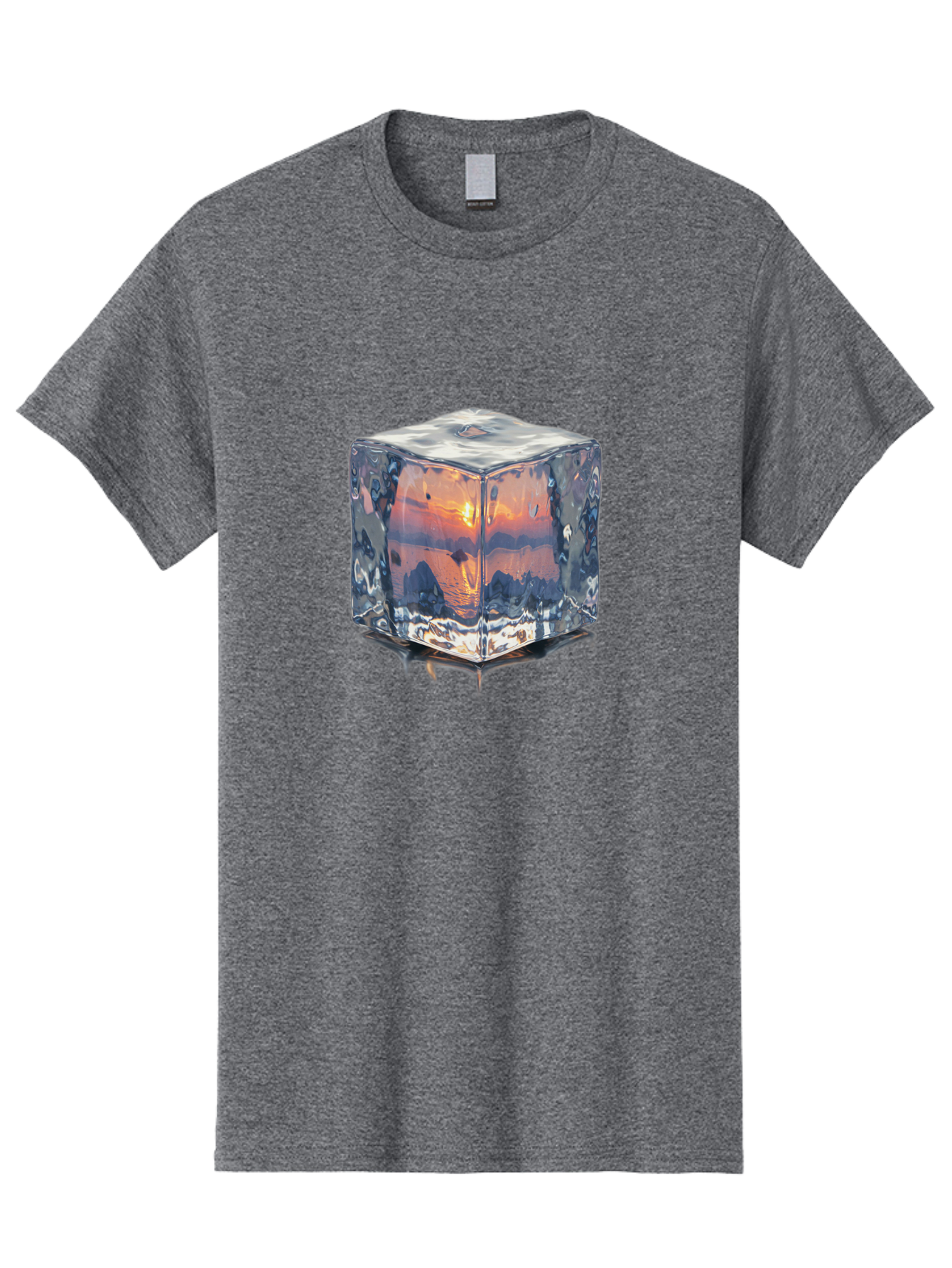 Ice-Cube-Sunset Men'S Graphic Tee, 100% Cotton, Comfortable Casual Summer Wear, Machine Washable, Ice Cube, Sunset Reflection, Ocean View, Rocky Landscape, Vibrant Orange, Cool Glass, Dramatic Scenery, Serene Atmosphere, Frozen Moment Bad207