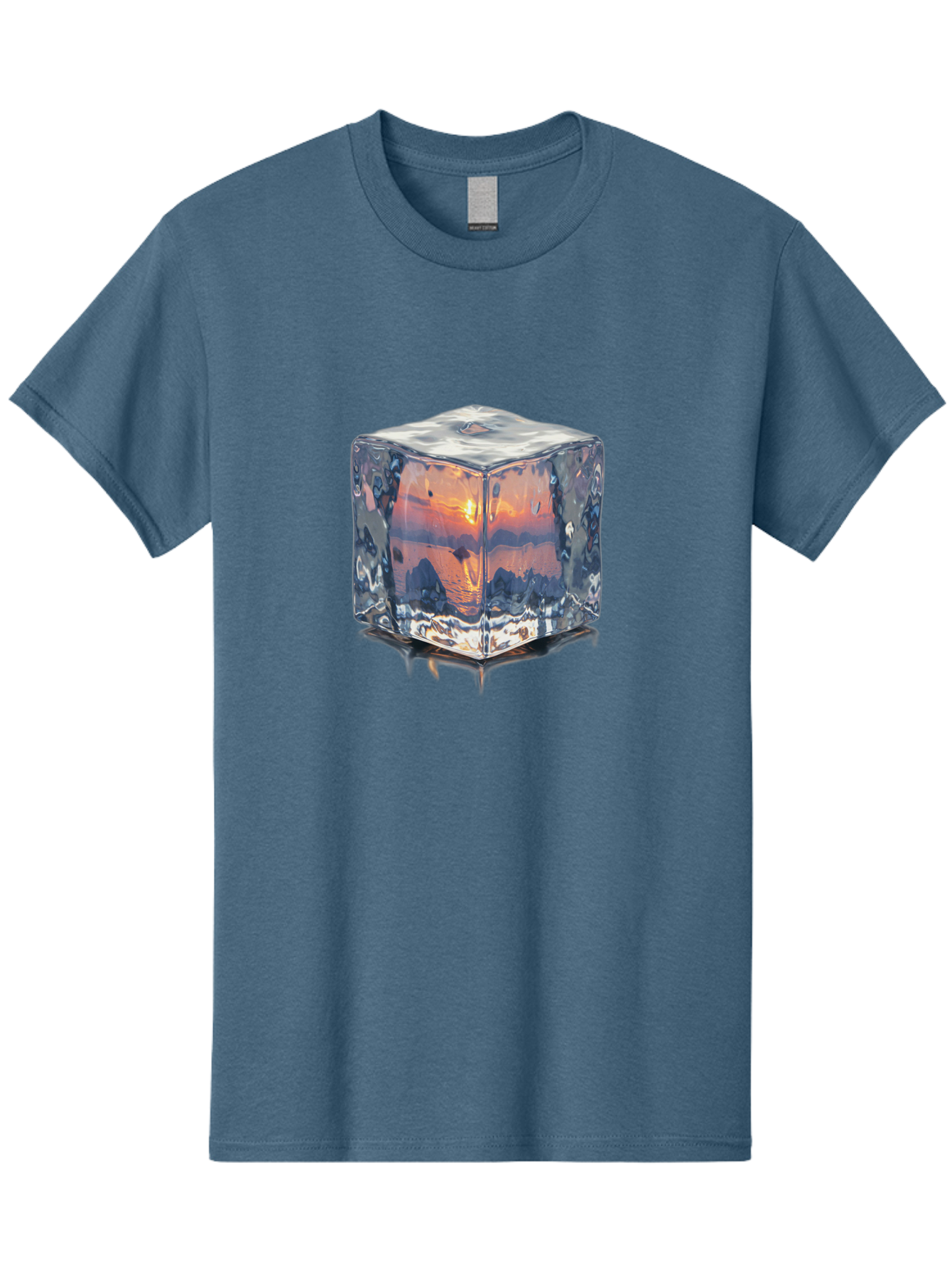 Ice-Cube-Sunset Men'S Graphic Tee, 100% Cotton, Comfortable Casual Summer Wear, Machine Washable, Ice Cube, Sunset Reflection, Ocean View, Rocky Landscape, Vibrant Orange, Cool Glass, Dramatic Scenery, Serene Atmosphere, Frozen Moment Bad207