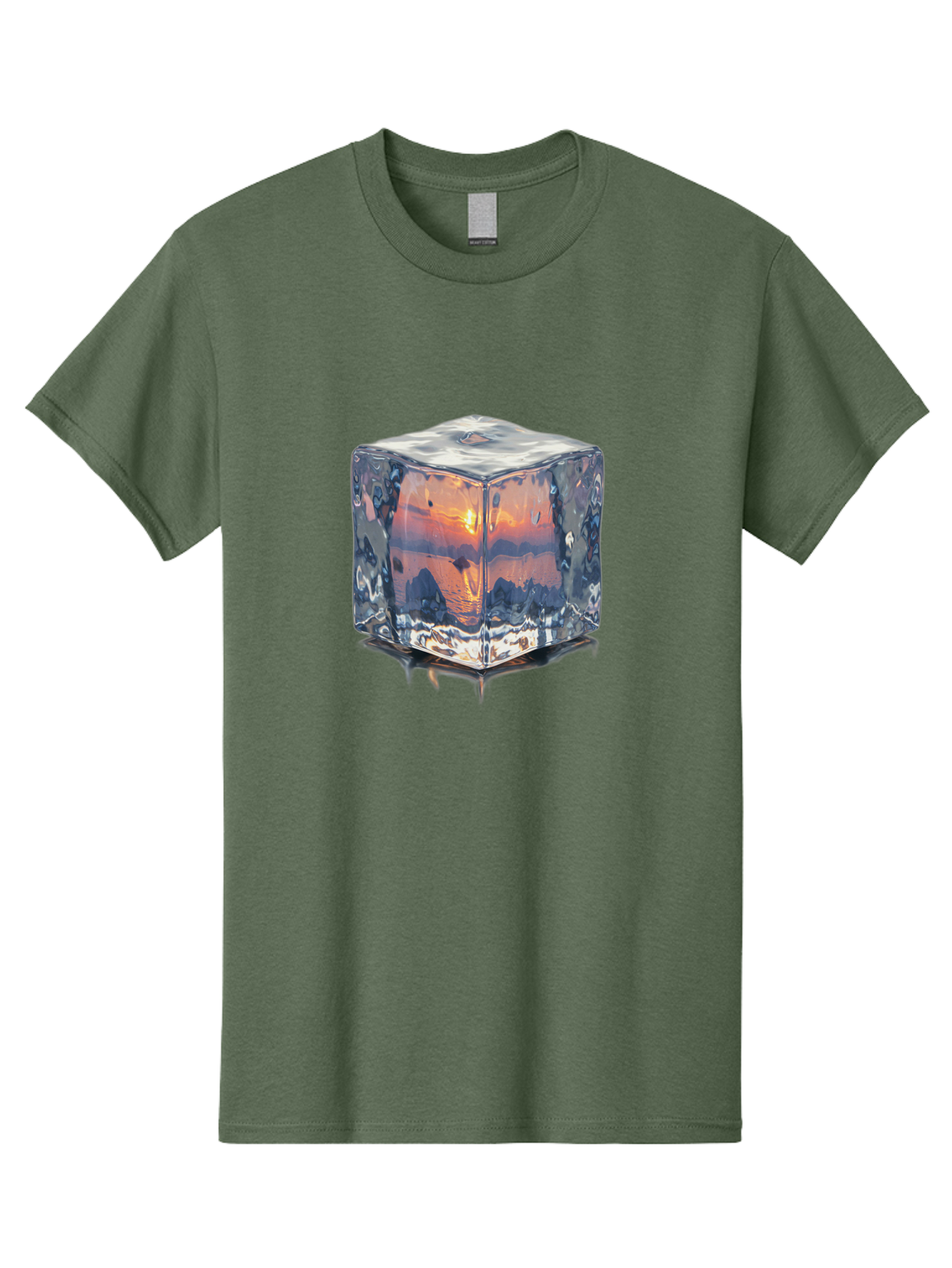 Ice-Cube-Sunset Men'S Graphic Tee, 100% Cotton, Comfortable Casual Summer Wear, Machine Washable, Ice Cube, Sunset Reflection, Ocean View, Rocky Landscape, Vibrant Orange, Cool Glass, Dramatic Scenery, Serene Atmosphere, Frozen Moment Bad207