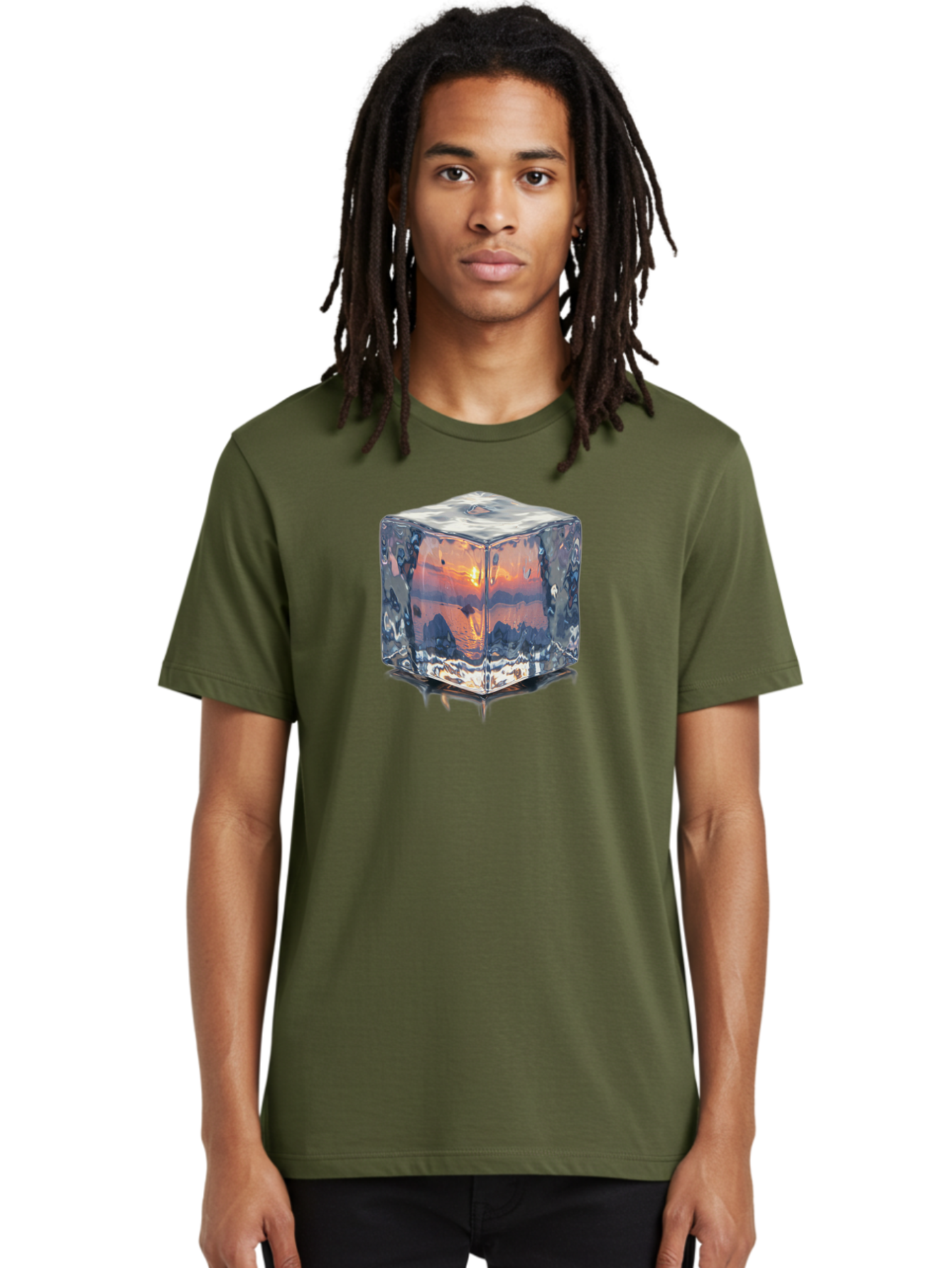 Ice-Cube-Sunset Men'S Graphic Tee, 100% Cotton, Comfortable Casual Summer Wear, Machine Washable, Ice Cube, Sunset Reflection, Ocean View, Rocky Landscape, Vibrant Orange, Cool Glass, Dramatic Scenery, Serene Atmosphere, Frozen Moment Bad207