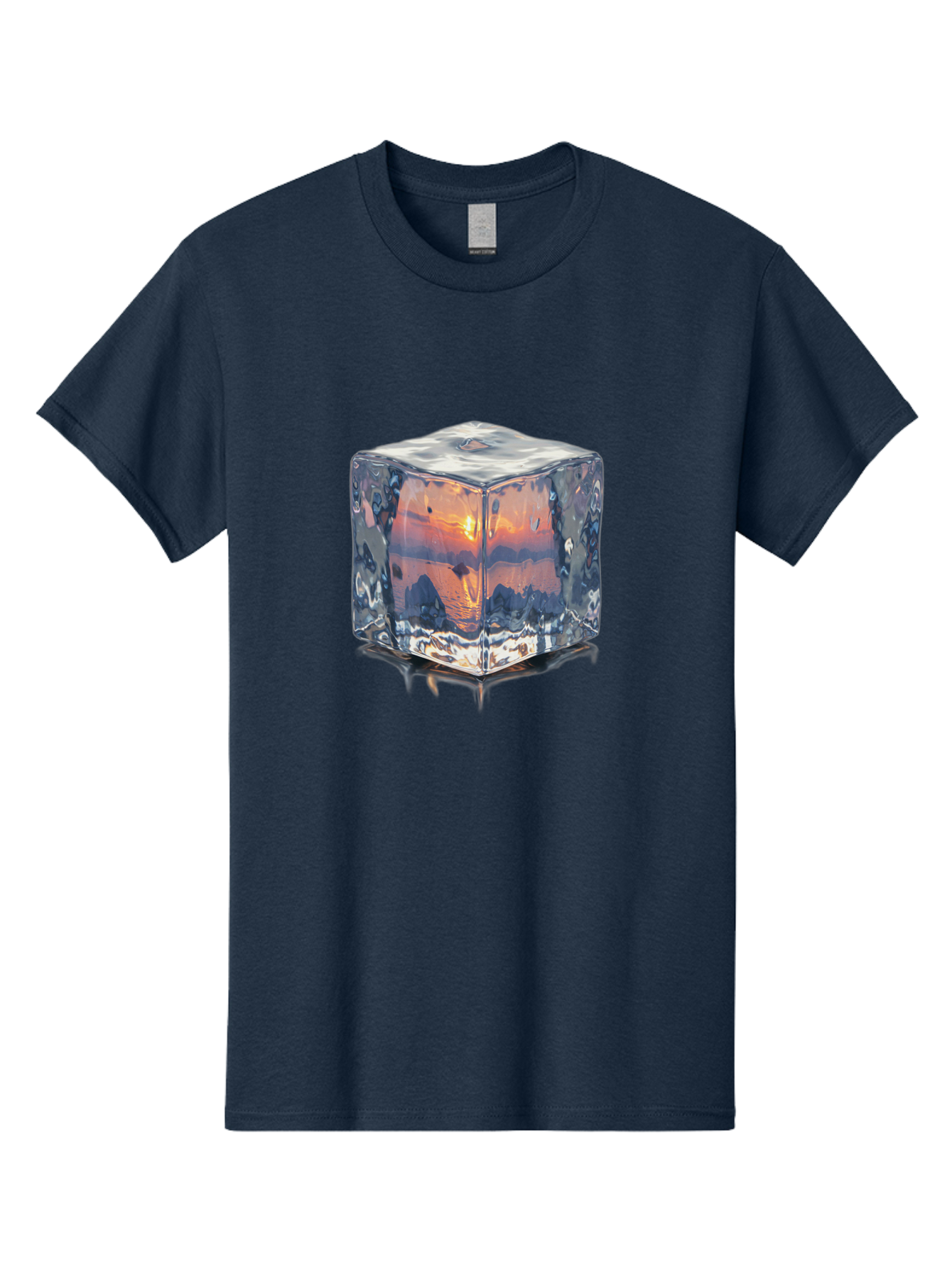 Ice-Cube-Sunset Men'S Graphic Tee, 100% Cotton, Comfortable Casual Summer Wear, Machine Washable, Ice Cube, Sunset Reflection, Ocean View, Rocky Landscape, Vibrant Orange, Cool Glass, Dramatic Scenery, Serene Atmosphere, Frozen Moment Bad207