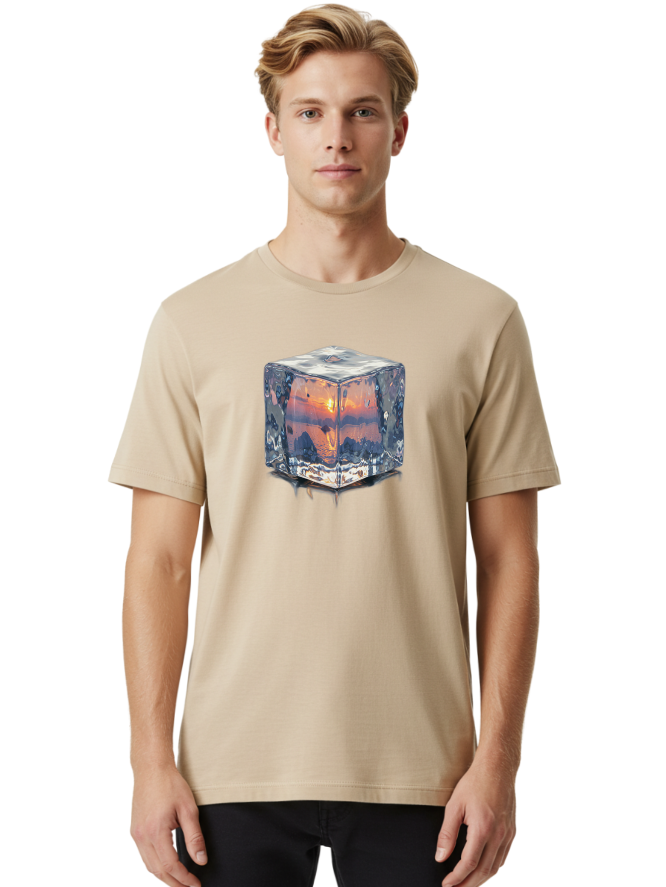 Ice-Cube-Sunset Men'S Graphic Tee, 100% Cotton, Comfortable Casual Summer Wear, Machine Washable, Ice Cube, Sunset Reflection, Ocean View, Rocky Landscape, Vibrant Orange, Cool Glass, Dramatic Scenery, Serene Atmosphere, Frozen Moment Bad207