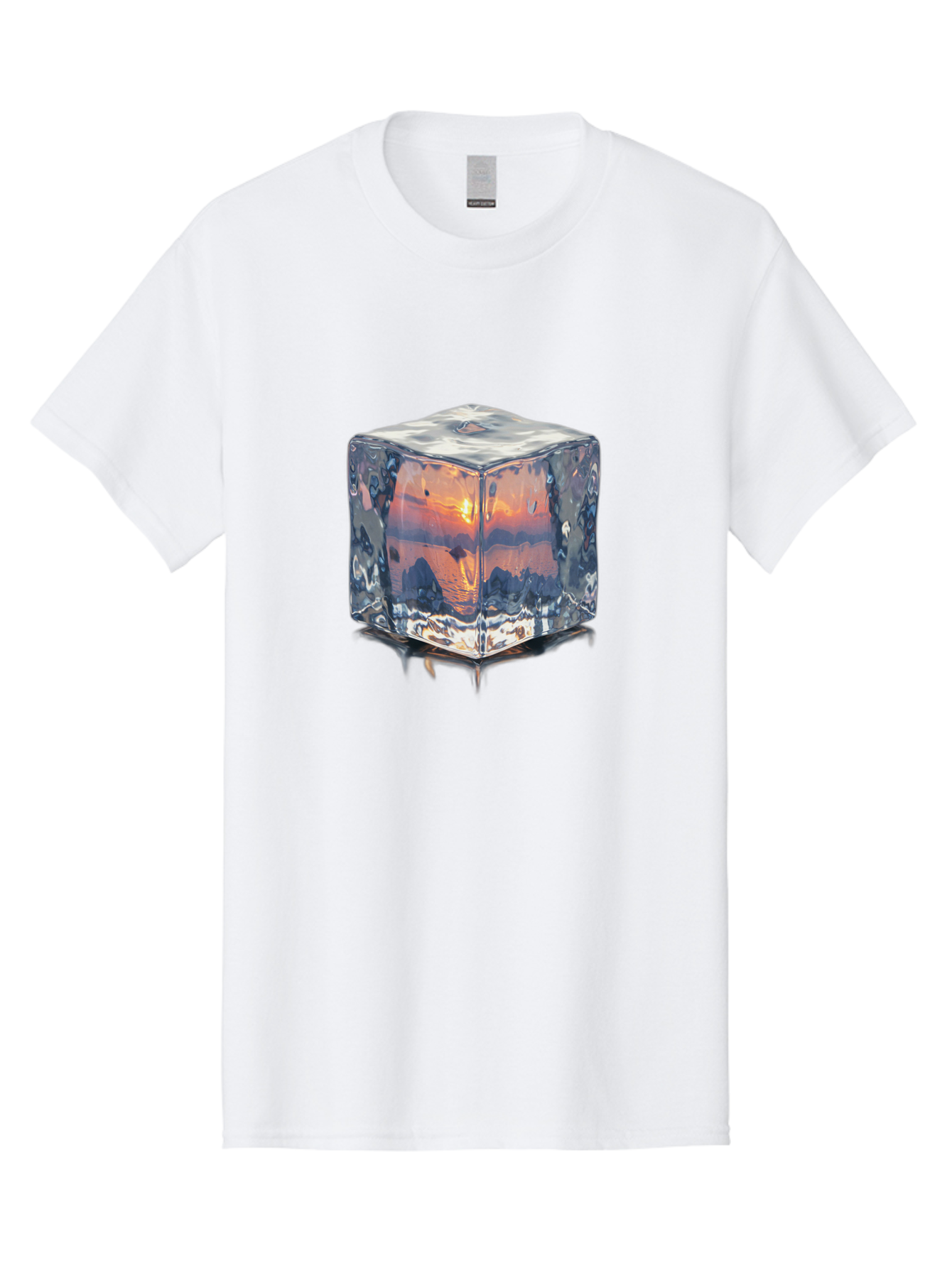 Ice-Cube-Sunset Men'S Graphic Tee, 100% Cotton, Comfortable Casual Summer Wear, Machine Washable, Ice Cube, Sunset Reflection, Ocean View, Rocky Landscape, Vibrant Orange, Cool Glass, Dramatic Scenery, Serene Atmosphere, Frozen Moment Bad207