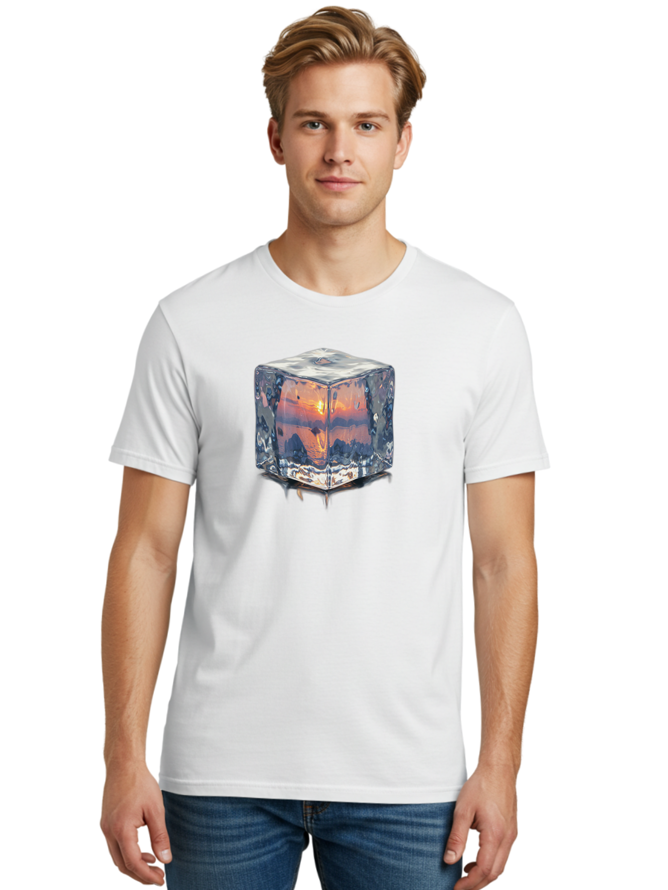 Ice-Cube-Sunset Men'S Graphic Tee, 100% Cotton, Comfortable Casual Summer Wear, Machine Washable, Ice Cube, Sunset Reflection, Ocean View, Rocky Landscape, Vibrant Orange, Cool Glass, Dramatic Scenery, Serene Atmosphere, Frozen Moment Bad207