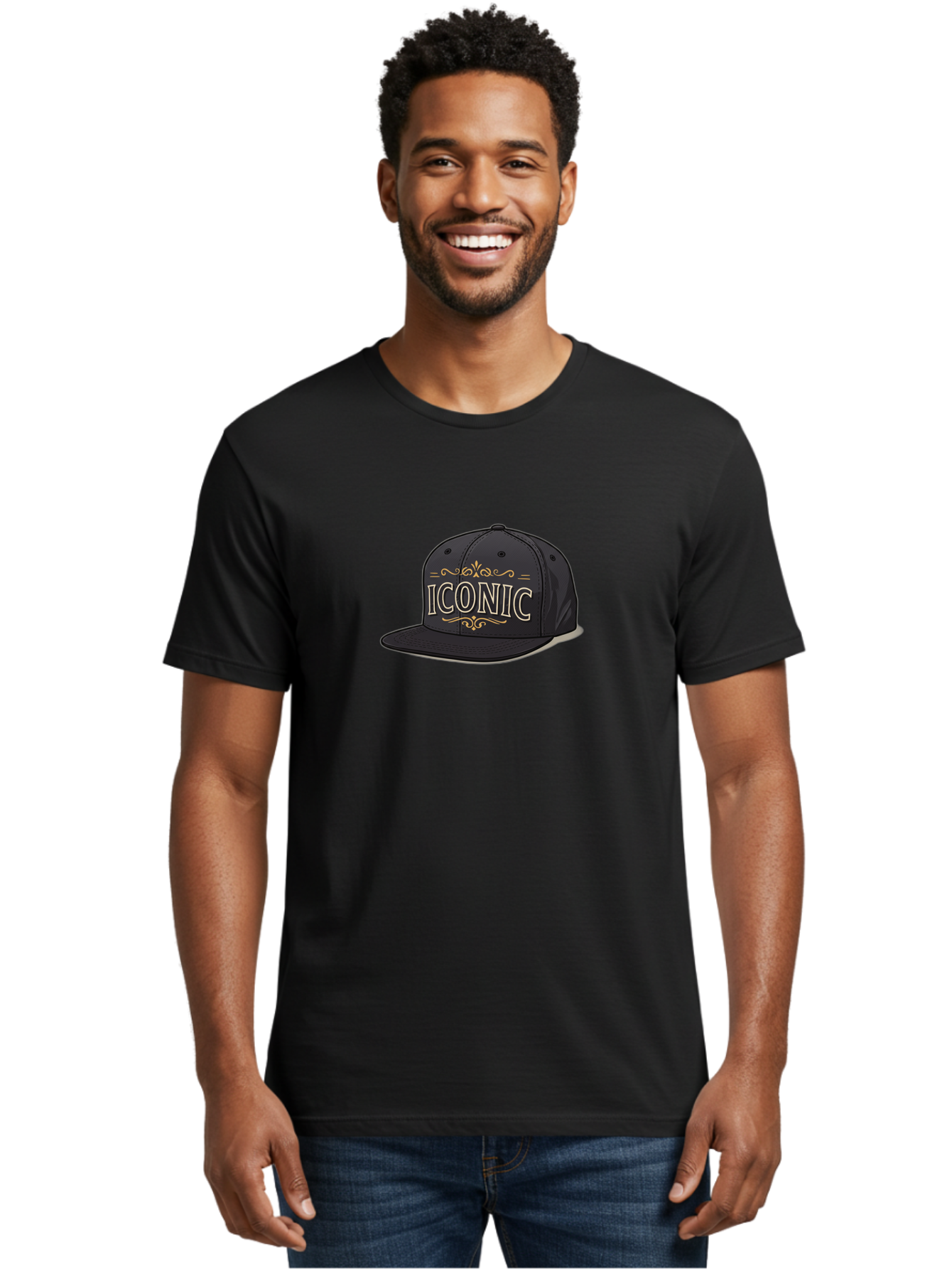 Iconic-Snapback-Hat Men'S Graphic Tee, 100% Cotton, Comfortable Casual Summer Wear, Machine Washable, Baseball Cap, Black Hat, Iconic Logo, Fashion Accessory, Trendy Headwear, Streetwear Style, Casual Wear, Hat Design, Gold Accents, Bad211