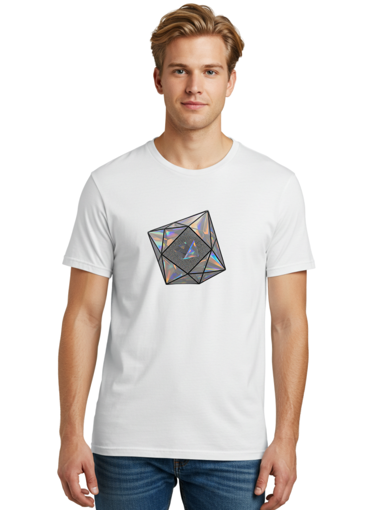 Icosahedron Men'S Graphic Tee, 100% Cotton, Comfortable Casual Summer Wear, Machine Washable, Geometric Shape, 3D Icosahedron, Holographic Effect, Iridescent Colors, Futuristic Design, Crystal-Like Appearance, Modern Art Bad212