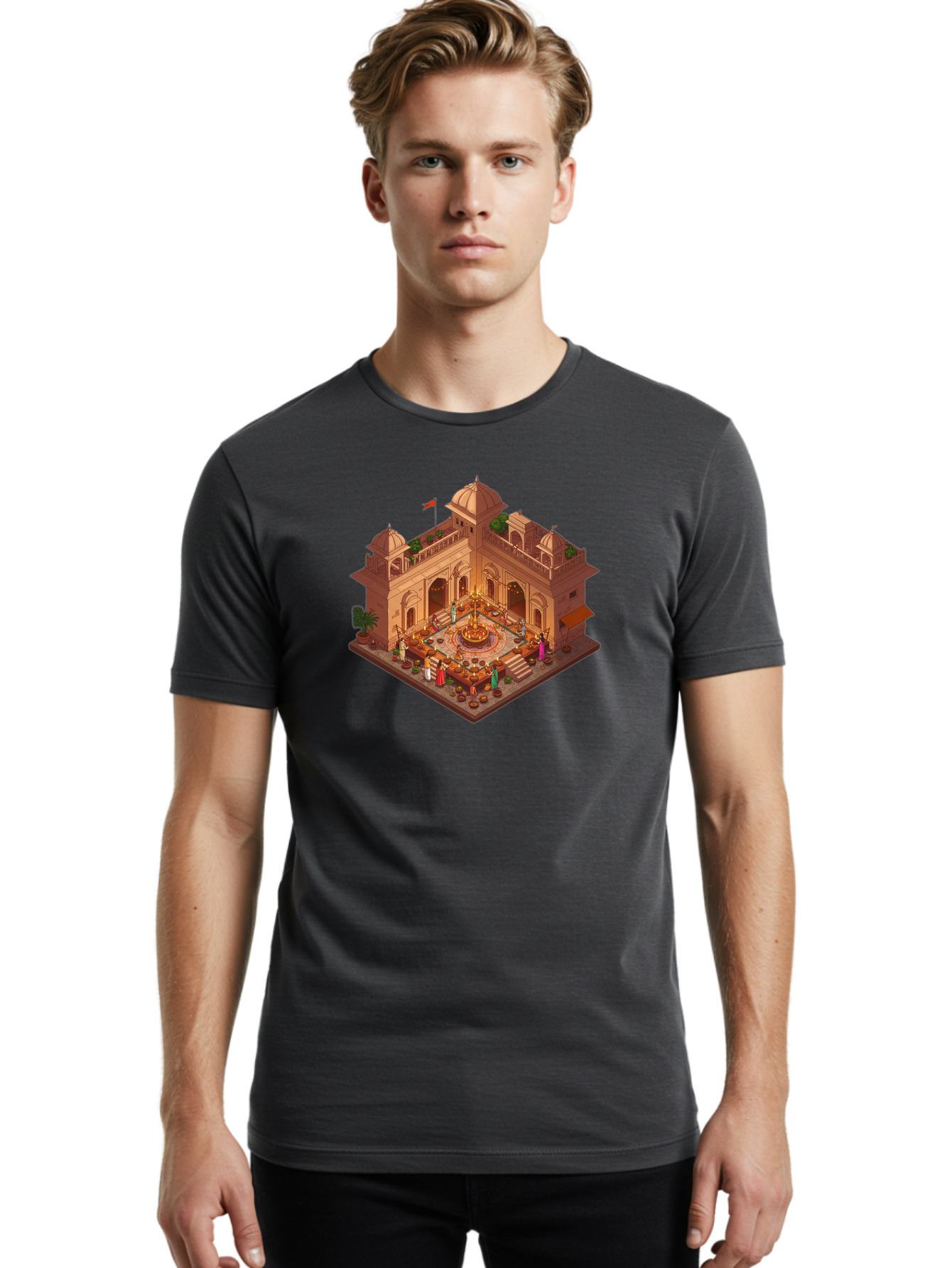 Indian-Palace Men'S Graphic Tee, 100% Cotton, Comfortable Casual Summer Wear, Machine Washable, Indian Palace, Isometric View, Hindu Temple, Cultural Gathering, Traditional Architecture, Vibrant Colors, Cultural Heritage, Ornate Details, Bad213