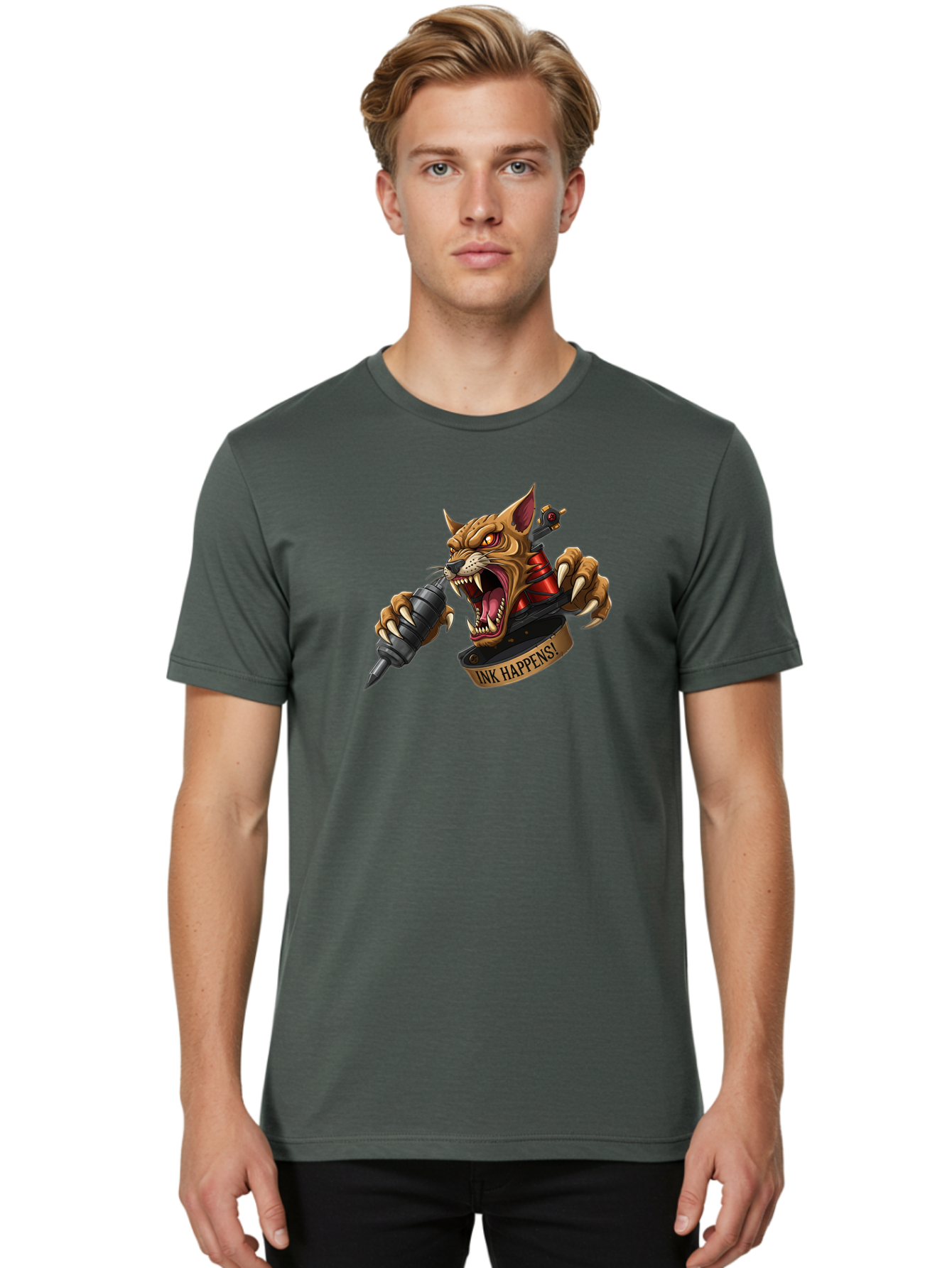 Ink-Happens-1 Men'S Graphic Tee, 100% Cotton, Comfortable Casual Summer Wear, Machine Washable, Tattoo Machine, Snarling Cat, Aggressive Animal, Ink Art, Tattoo Culture, Body Art, Tattoo Design, Cat Tattoo, Ink Happens! Bad215