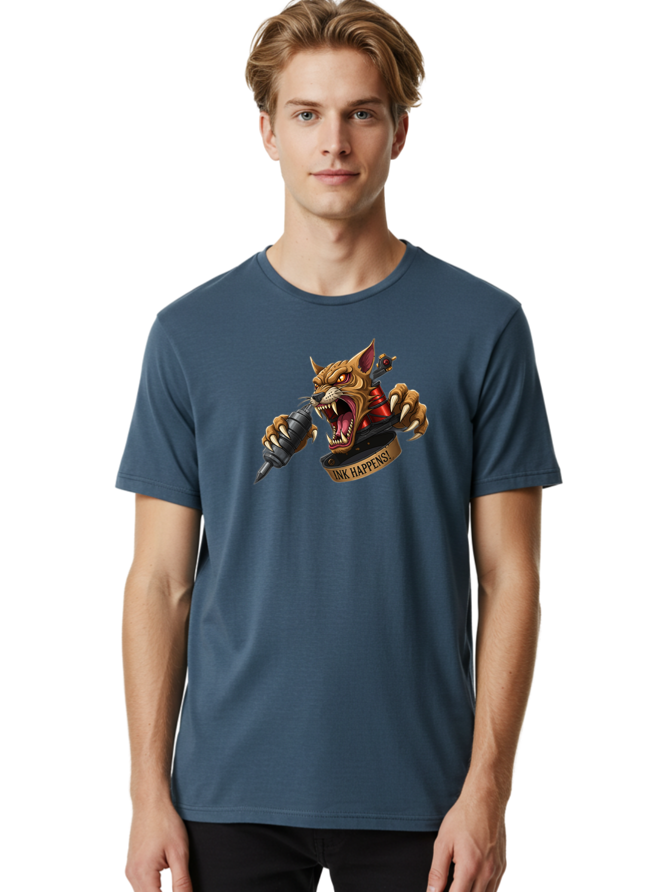 Ink-Happens-1 Men'S Graphic Tee, 100% Cotton, Comfortable Casual Summer Wear, Machine Washable, Tattoo Machine, Snarling Cat, Aggressive Animal, Ink Art, Tattoo Culture, Body Art, Tattoo Design, Cat Tattoo, Ink Happens! Bad215