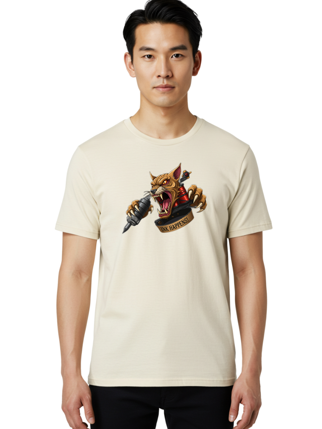 Ink-Happens-1 Men'S Graphic Tee, 100% Cotton, Comfortable Casual Summer Wear, Machine Washable, Tattoo Machine, Snarling Cat, Aggressive Animal, Ink Art, Tattoo Culture, Body Art, Tattoo Design, Cat Tattoo, Ink Happens! Bad215