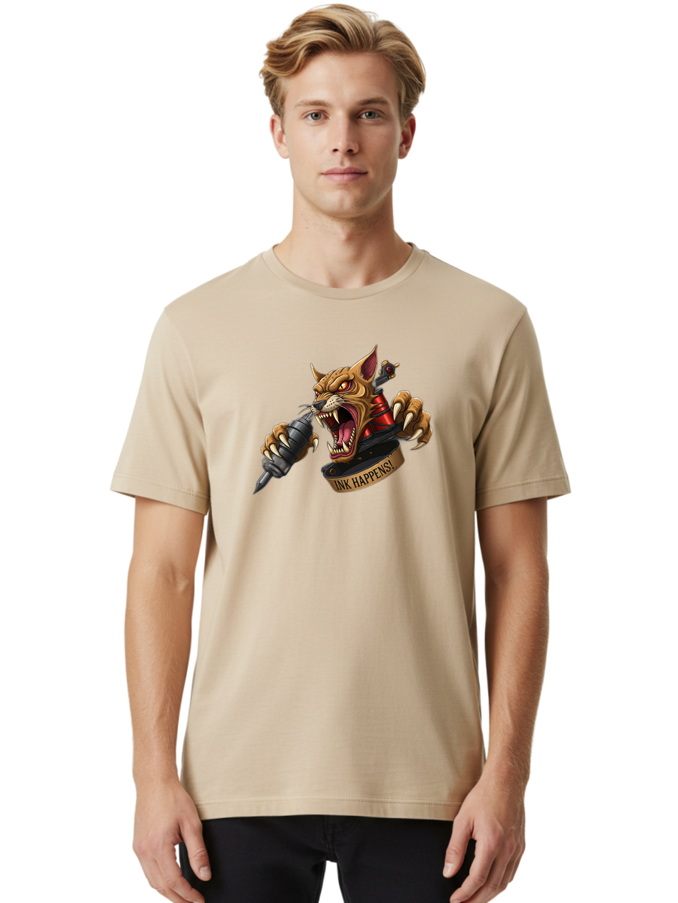 Ink-Happens-1 Men'S Graphic Tee, 100% Cotton, Comfortable Casual Summer Wear, Machine Washable, Tattoo Machine, Snarling Cat, Aggressive Animal, Ink Art, Tattoo Culture, Body Art, Tattoo Design, Cat Tattoo, Ink Happens! Bad215