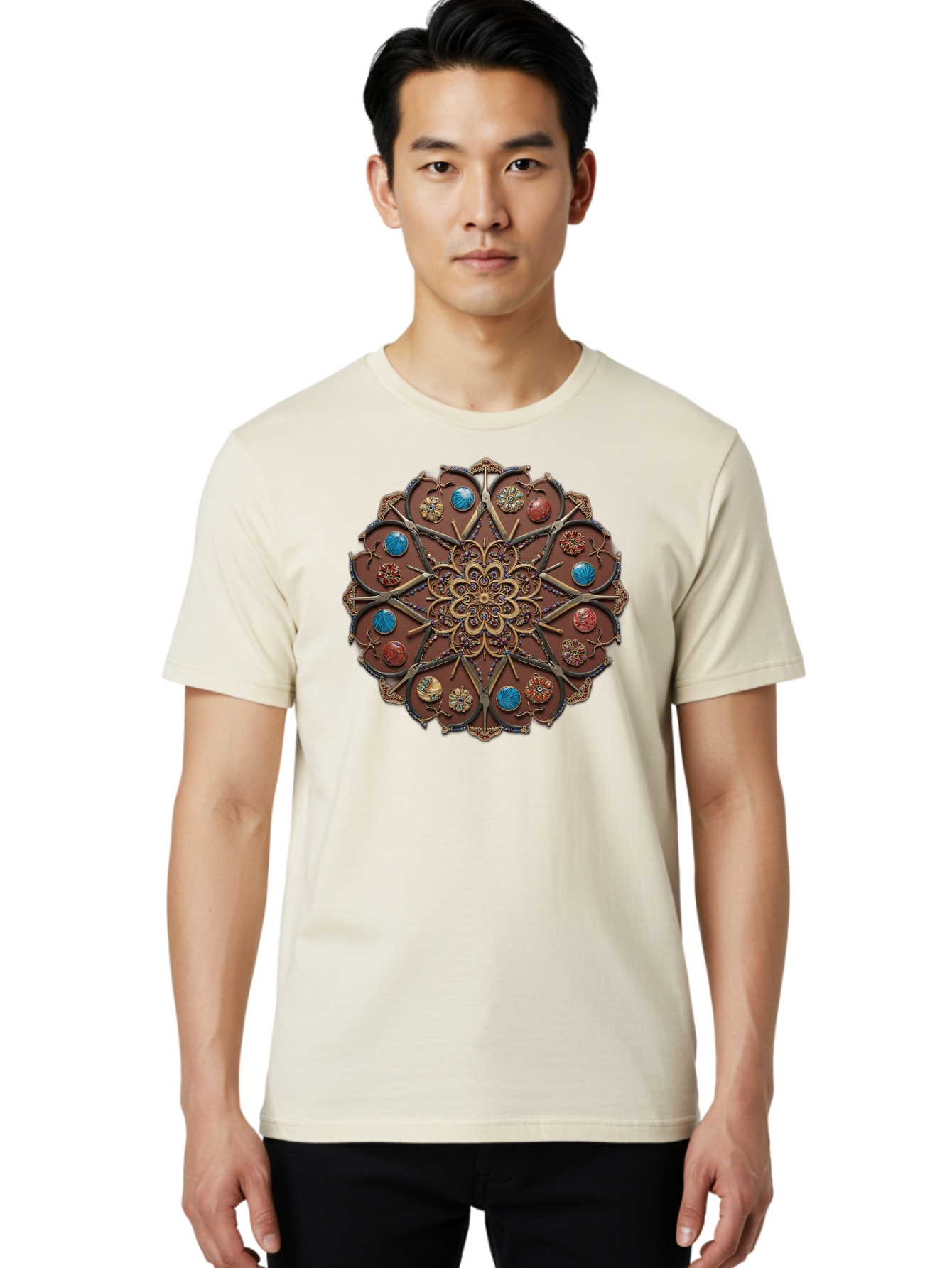 Intricate-Design Men'S Graphic Tee, 100% Cotton, Comfortable Casual Summer Wear, Machine Washable, Mandala Artwork, Intricate Patterns, Ornate Details, Floral Motifs, Symmetry, Decorative Art, Cultural Heritage, Colorful Design, Detailed Work, Bad218